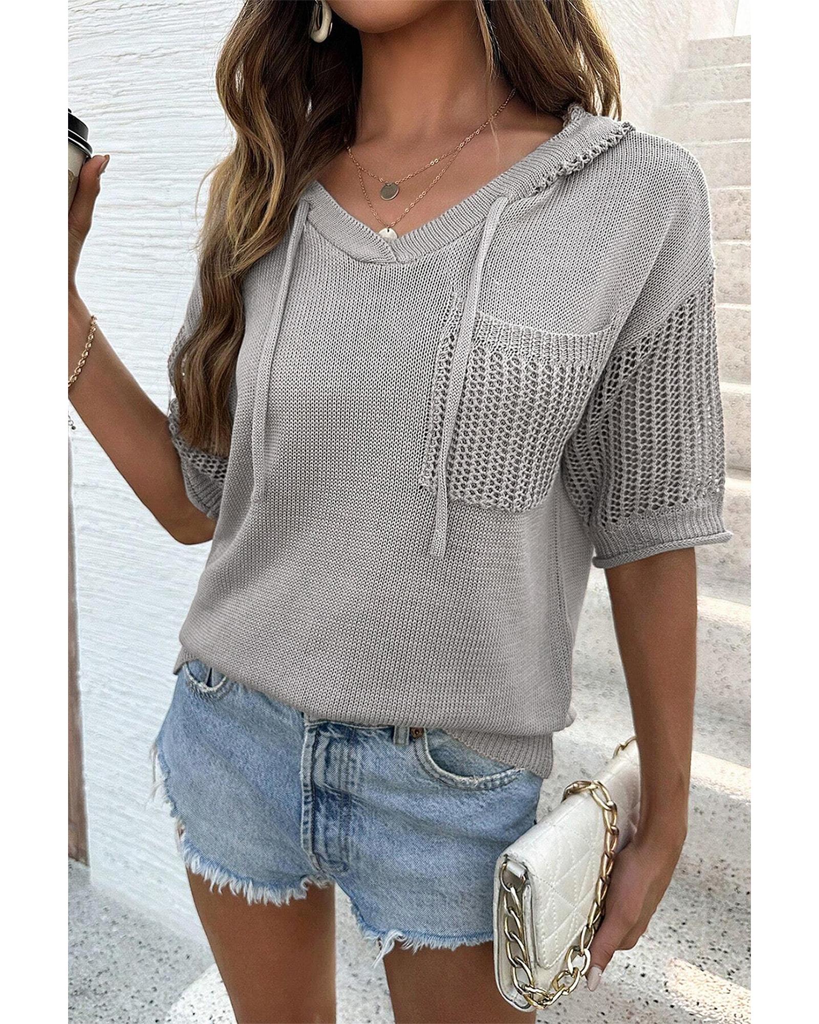 Light Grey Openwork Drawstring Hooded Short Sleeve Sweater Top - XL