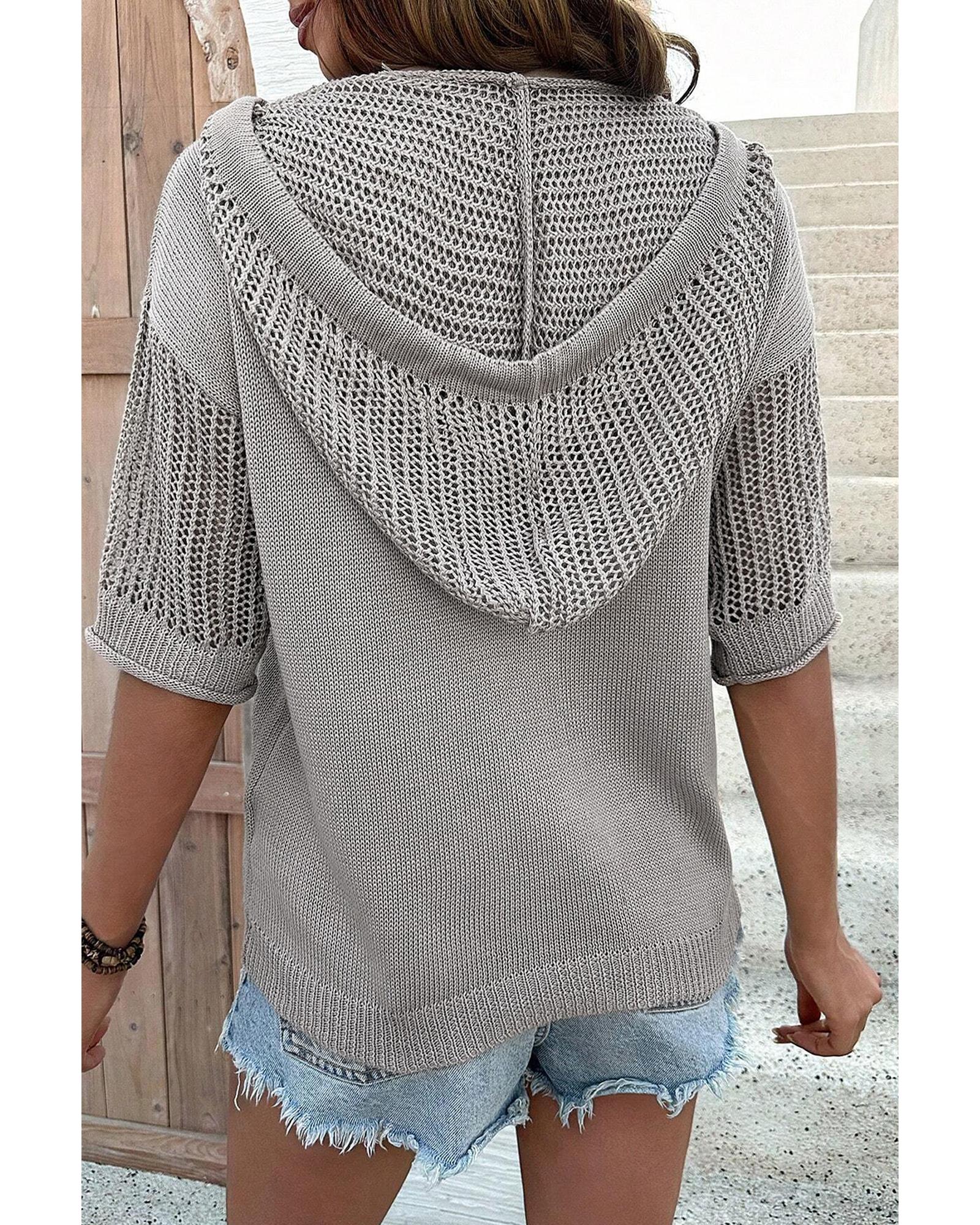 Light Grey Openwork Drawstring Hooded Short Sleeve Sweater Top - XL