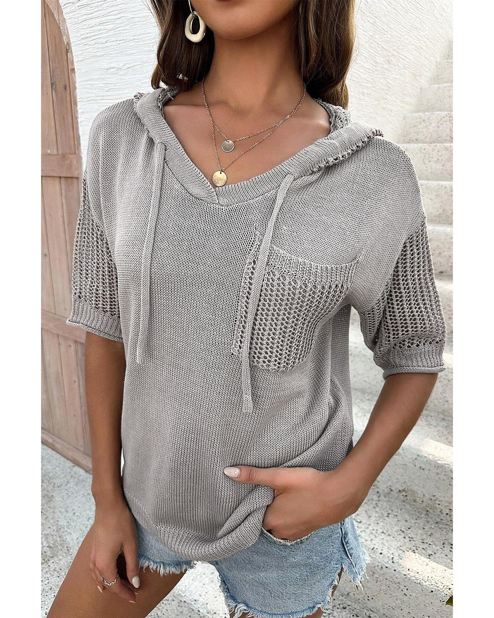 Light Grey Openwork Drawstring Hooded Short Sleeve Sweater Top - XL