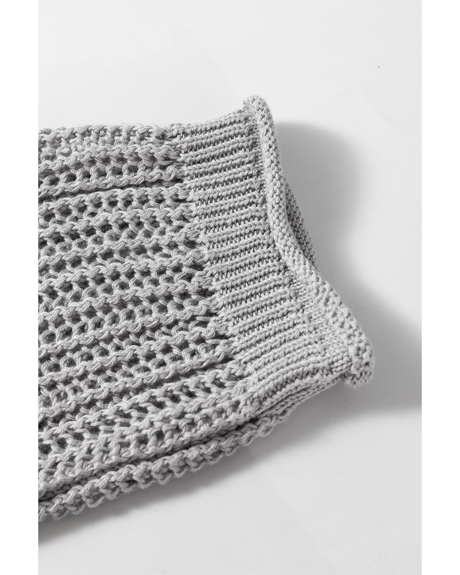 Light Grey Openwork Drawstring Hooded Short Sleeve Sweater Top - XL