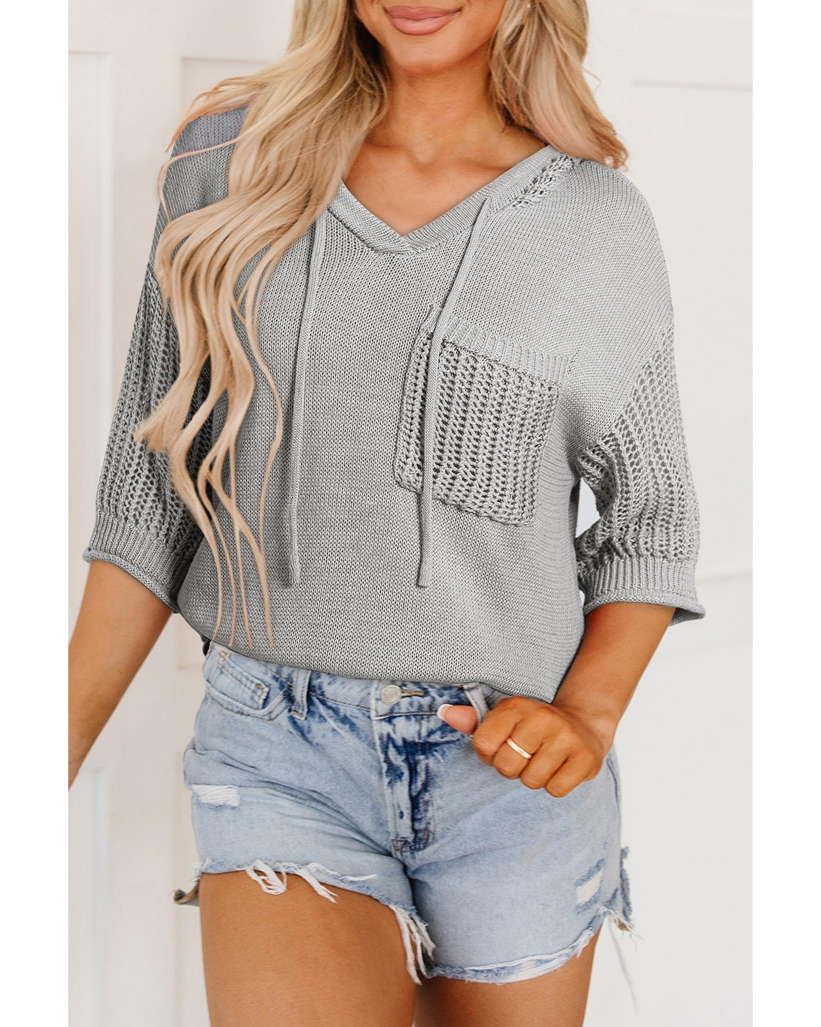 Light Grey Openwork Drawstring Hooded Short Sleeve Sweater Top - XL
