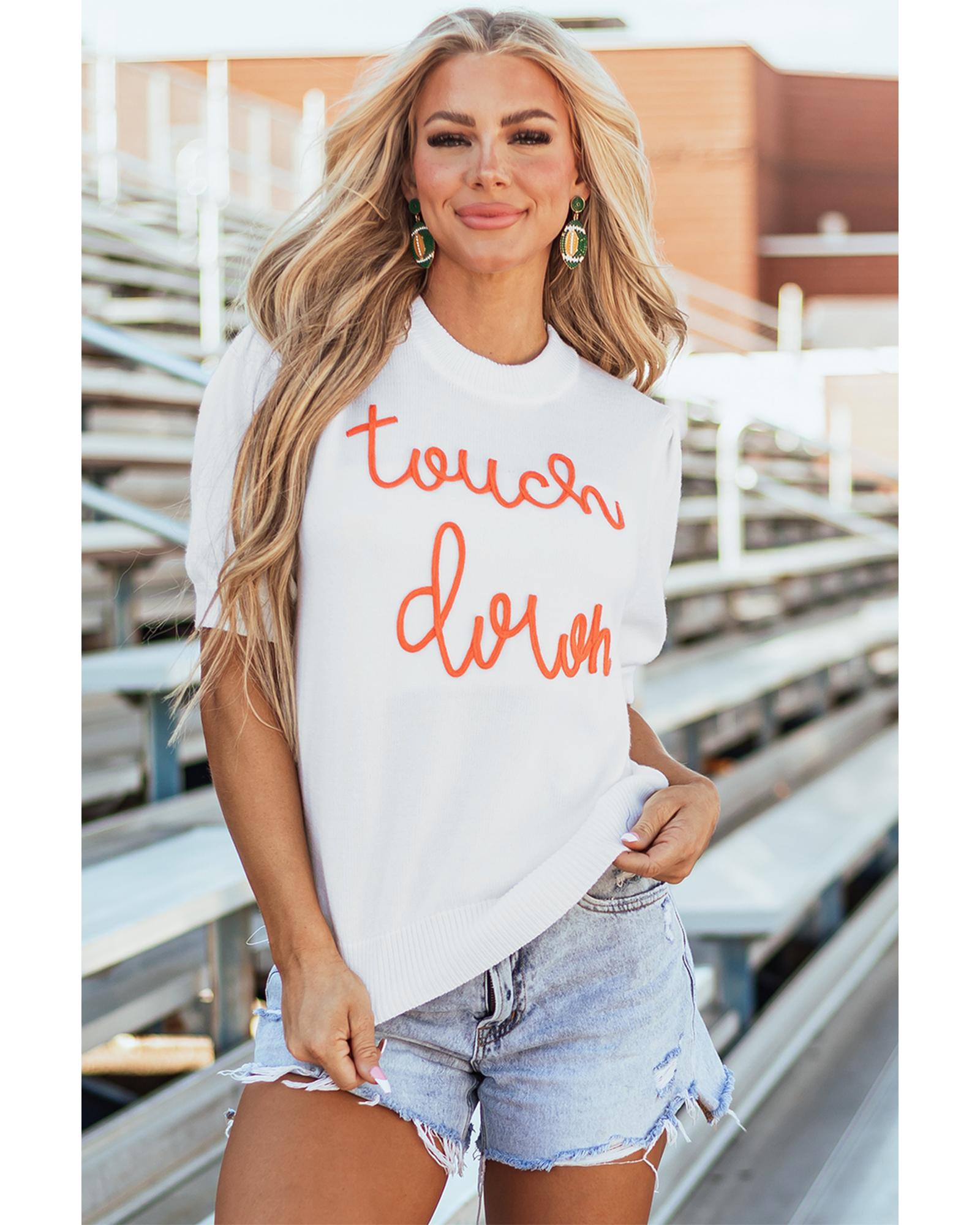 White Touchdown Tinsel Puff Short Sleeve Crew Neck Sweater - S