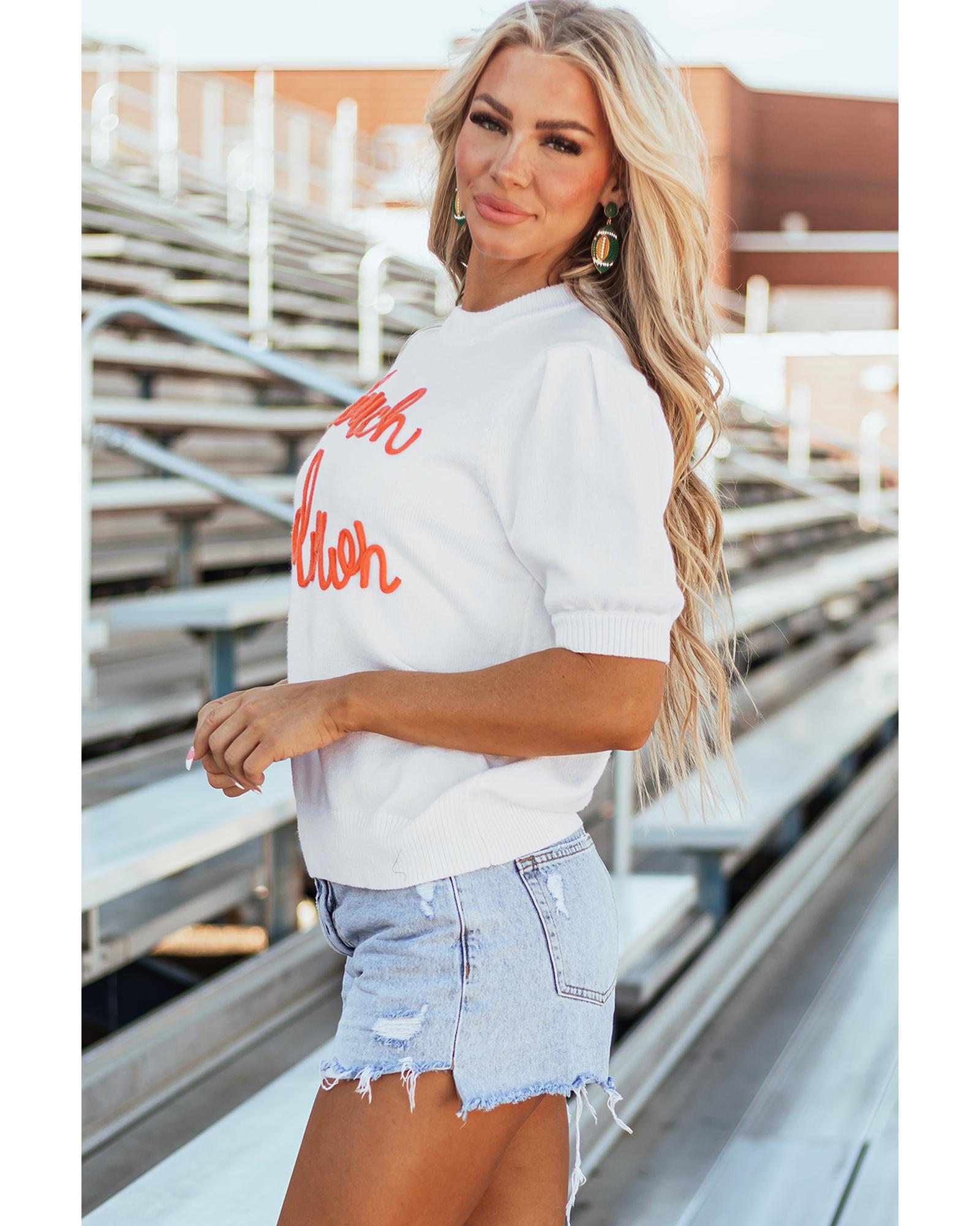 White Touchdown Tinsel Puff Short Sleeve Crew Neck Sweater - S