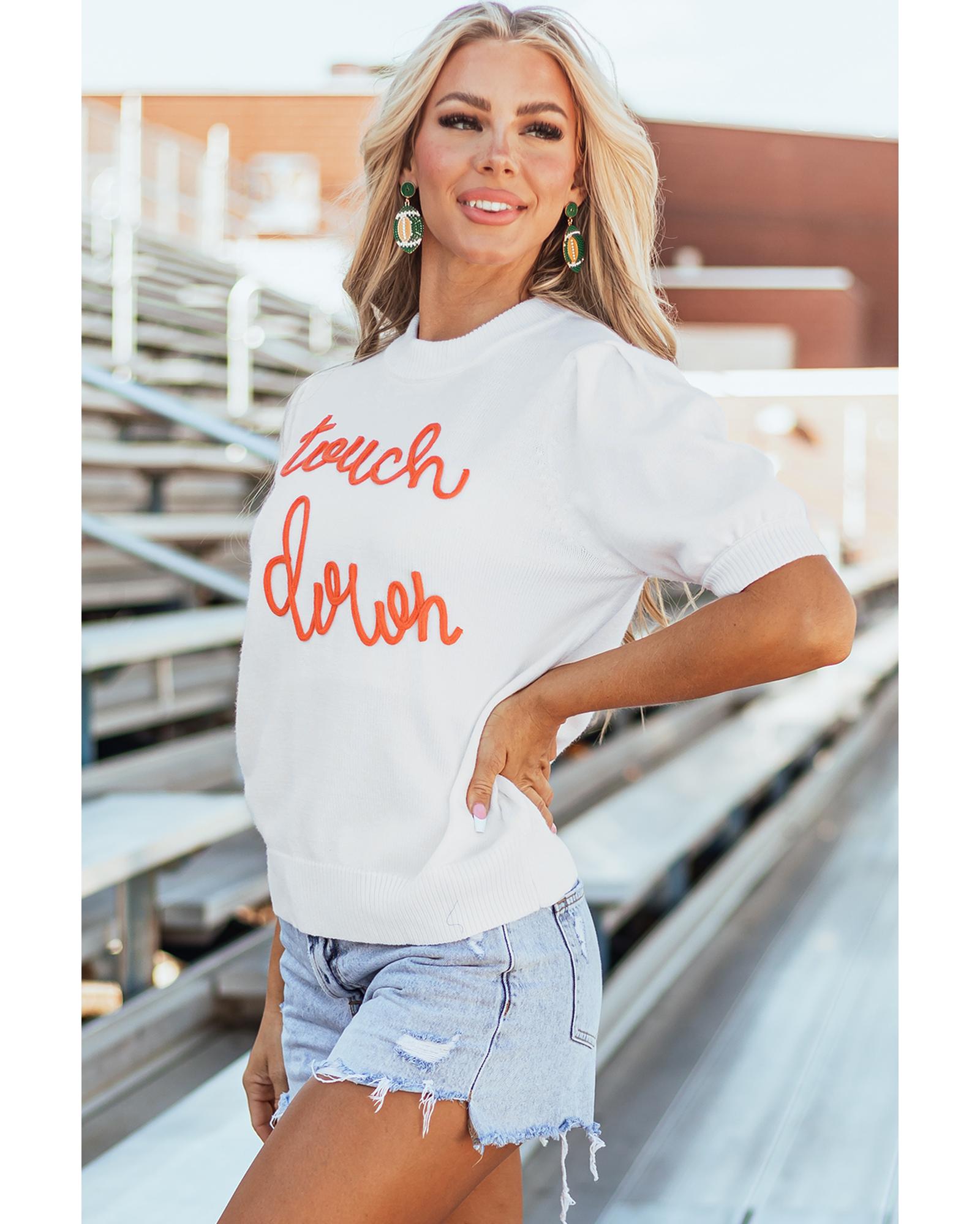 White Touchdown Tinsel Puff Short Sleeve Crew Neck Sweater - S