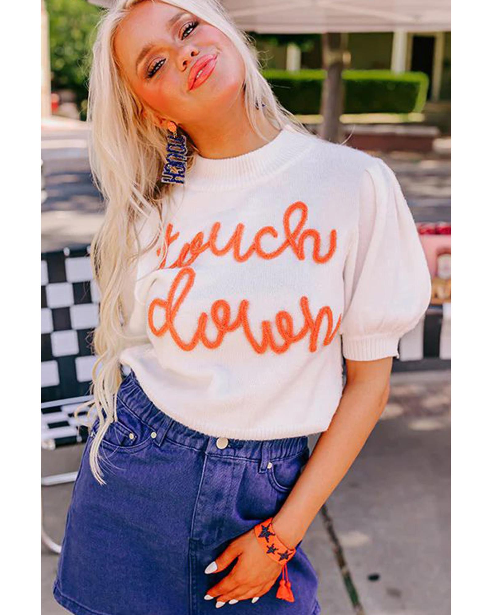 White Touchdown Tinsel Puff Short Sleeve Crew Neck Sweater - S