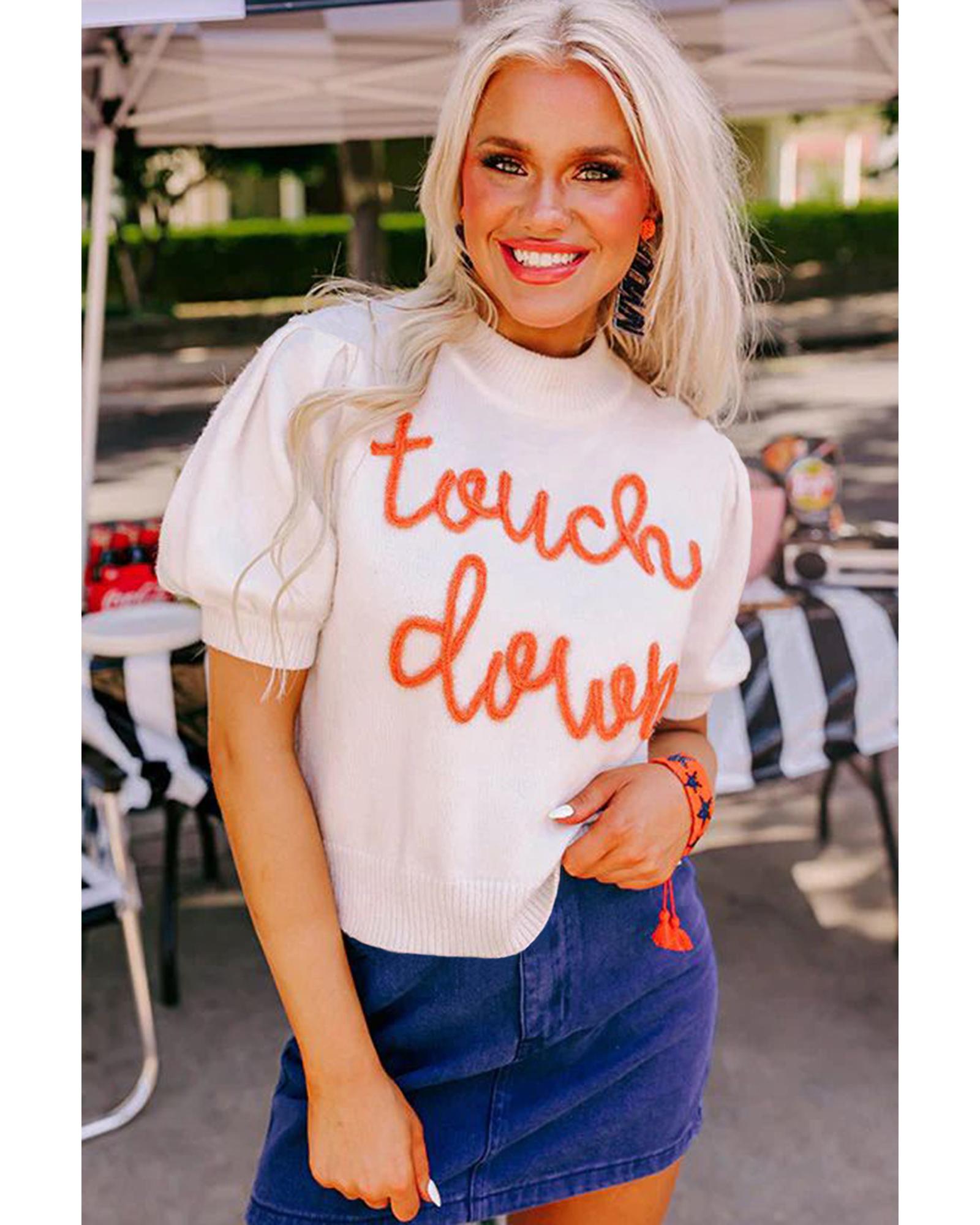White Touchdown Tinsel Puff Short Sleeve Crew Neck Sweater - S