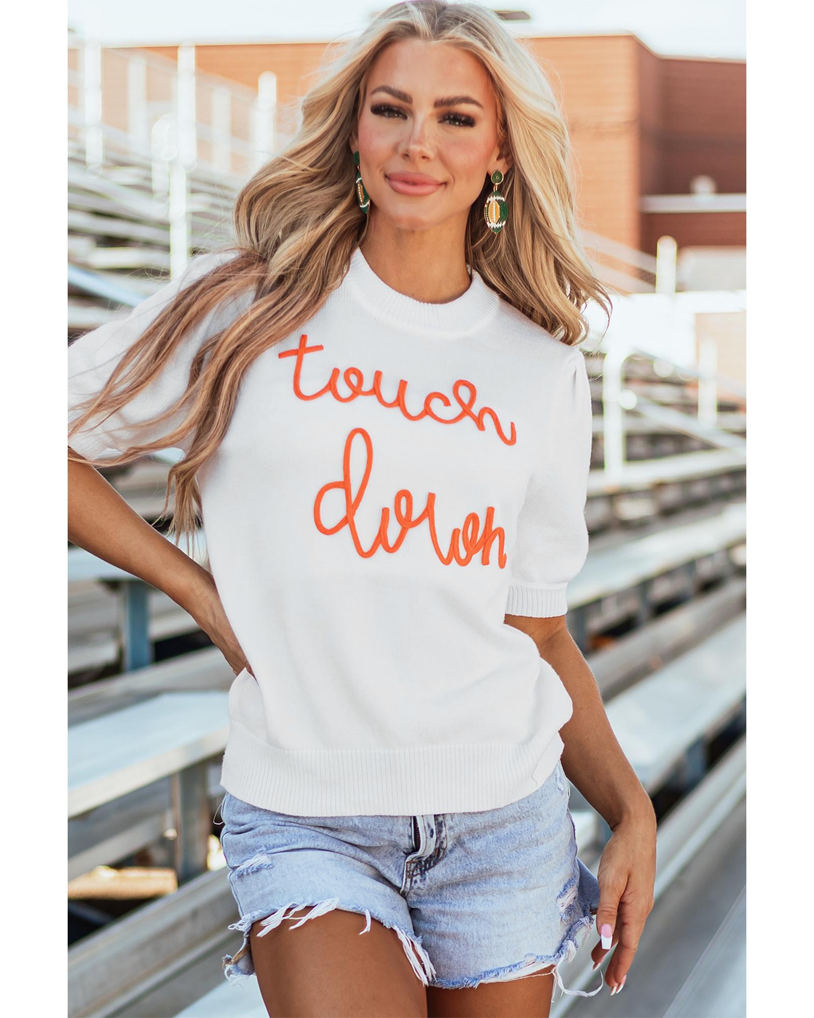 White Touchdown Tinsel Puff Short Sleeve Crew Neck Sweater - S