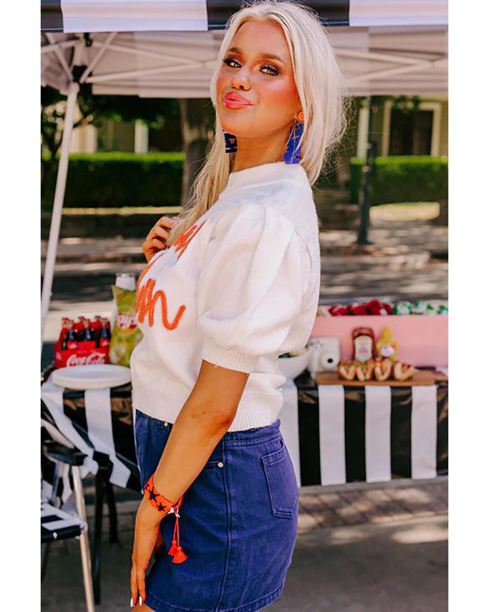 White Touchdown Tinsel Puff Short Sleeve Crew Neck Sweater - S