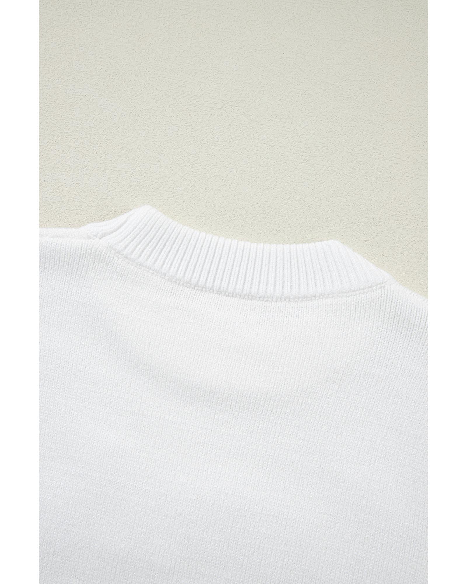 White Touchdown Tinsel Puff Short Sleeve Crew Neck Sweater - S