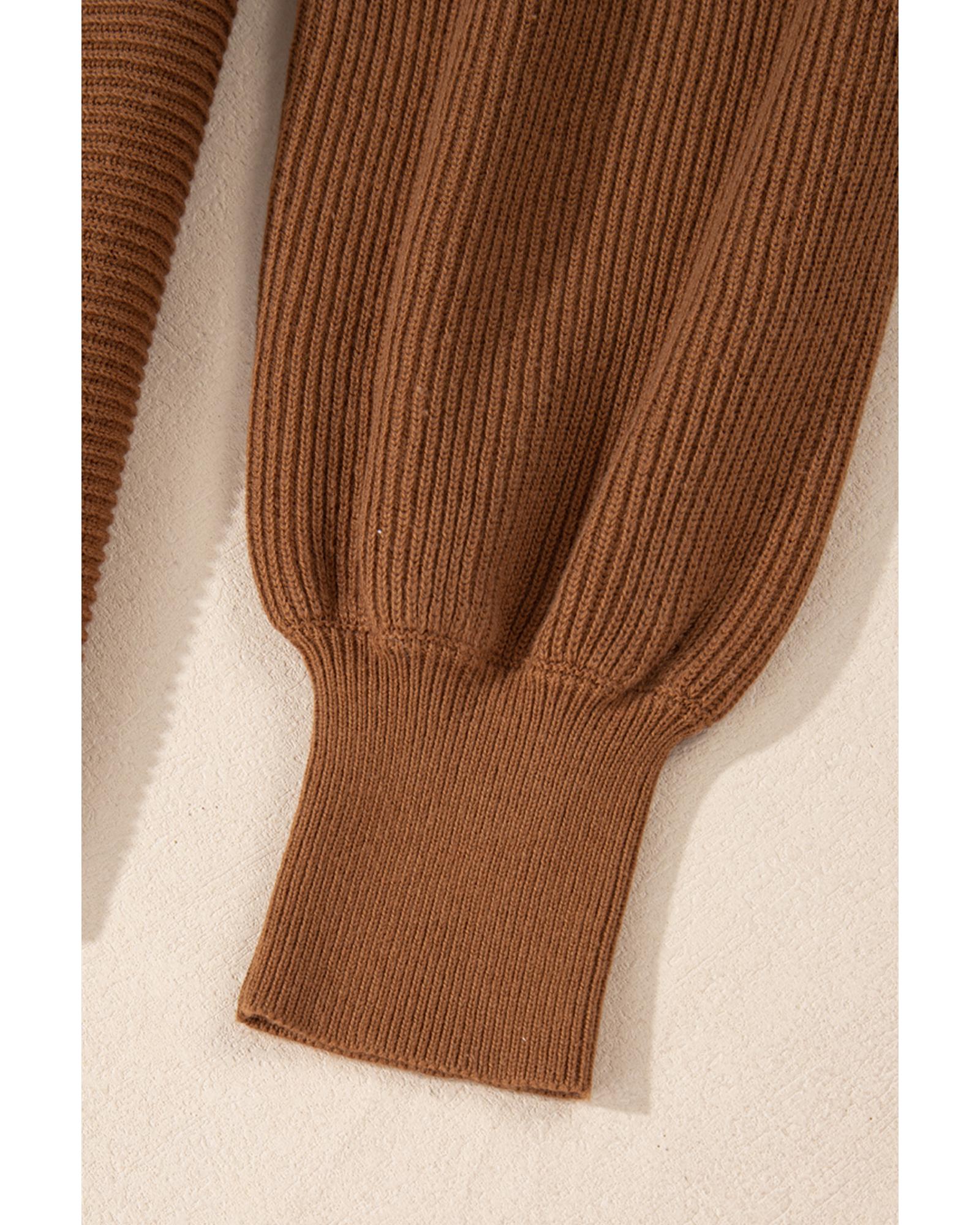 Camel Ribbed Knit Drop Sleeve V Neck Loose Fit Sweater - L