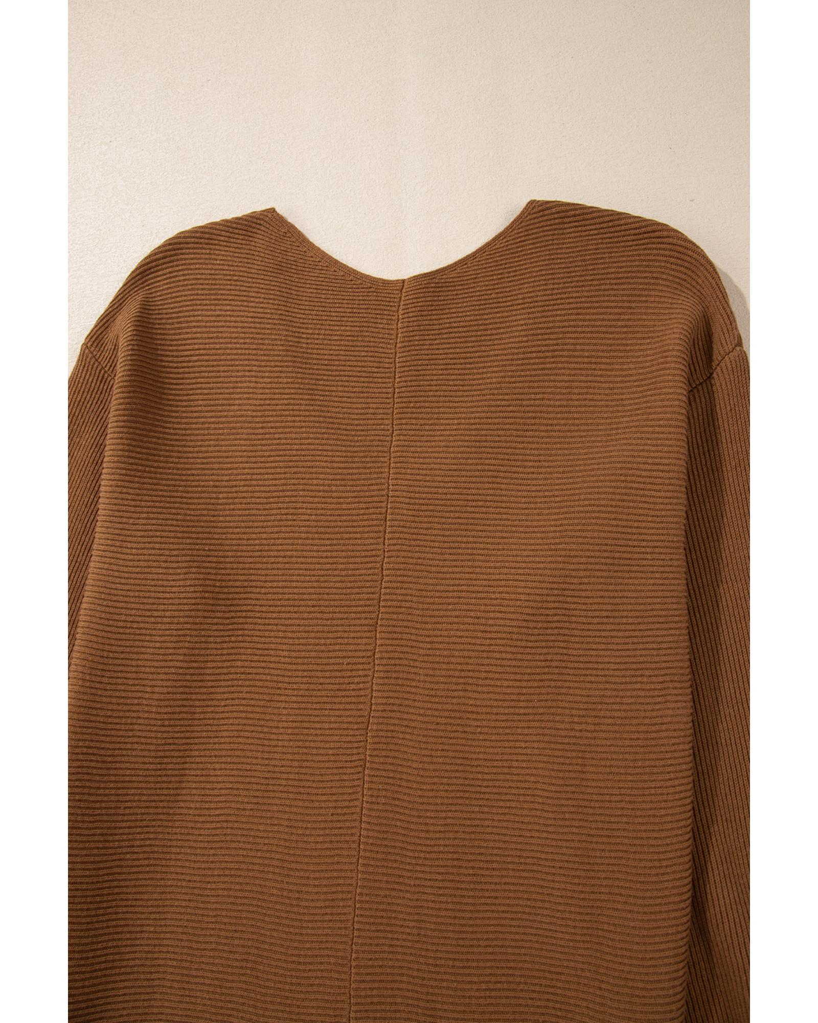 Camel Ribbed Knit Drop Sleeve V Neck Loose Fit Sweater - M
