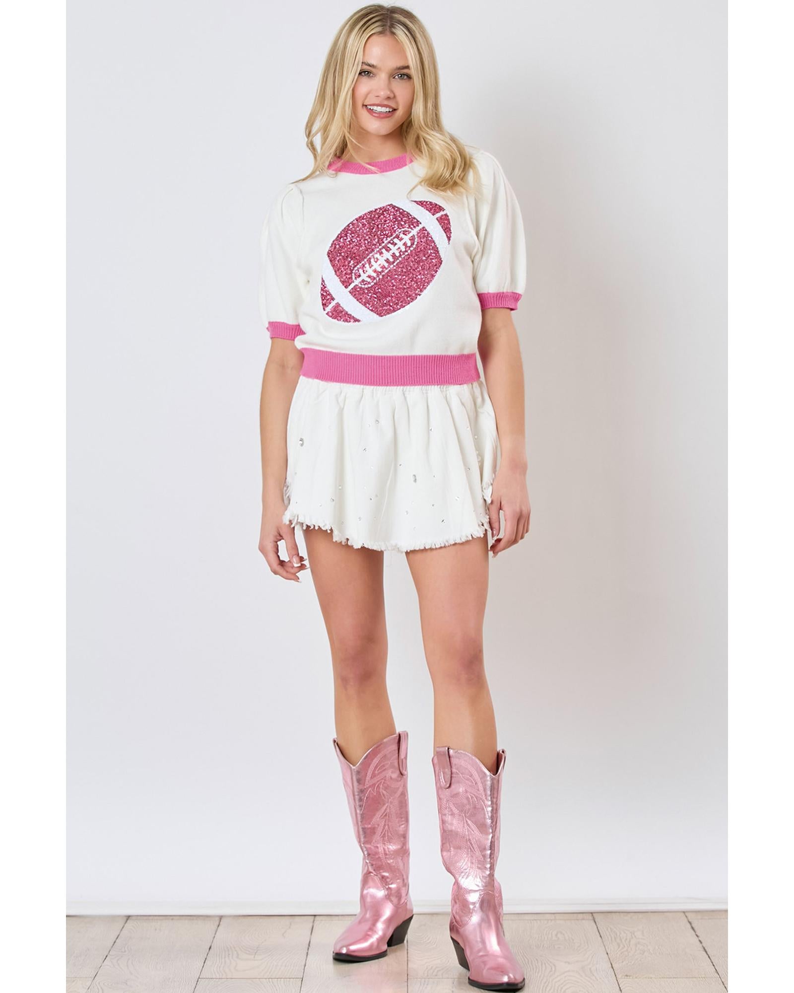 Pink Sequin Rugby Color Block Puff Short Sleeve Sweater - L