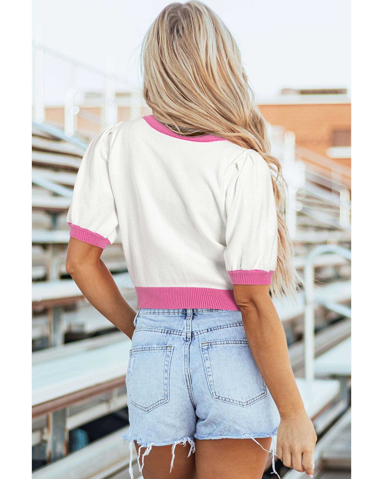 Pink Sequin Rugby Color Block Puff Short Sleeve Sweater - L