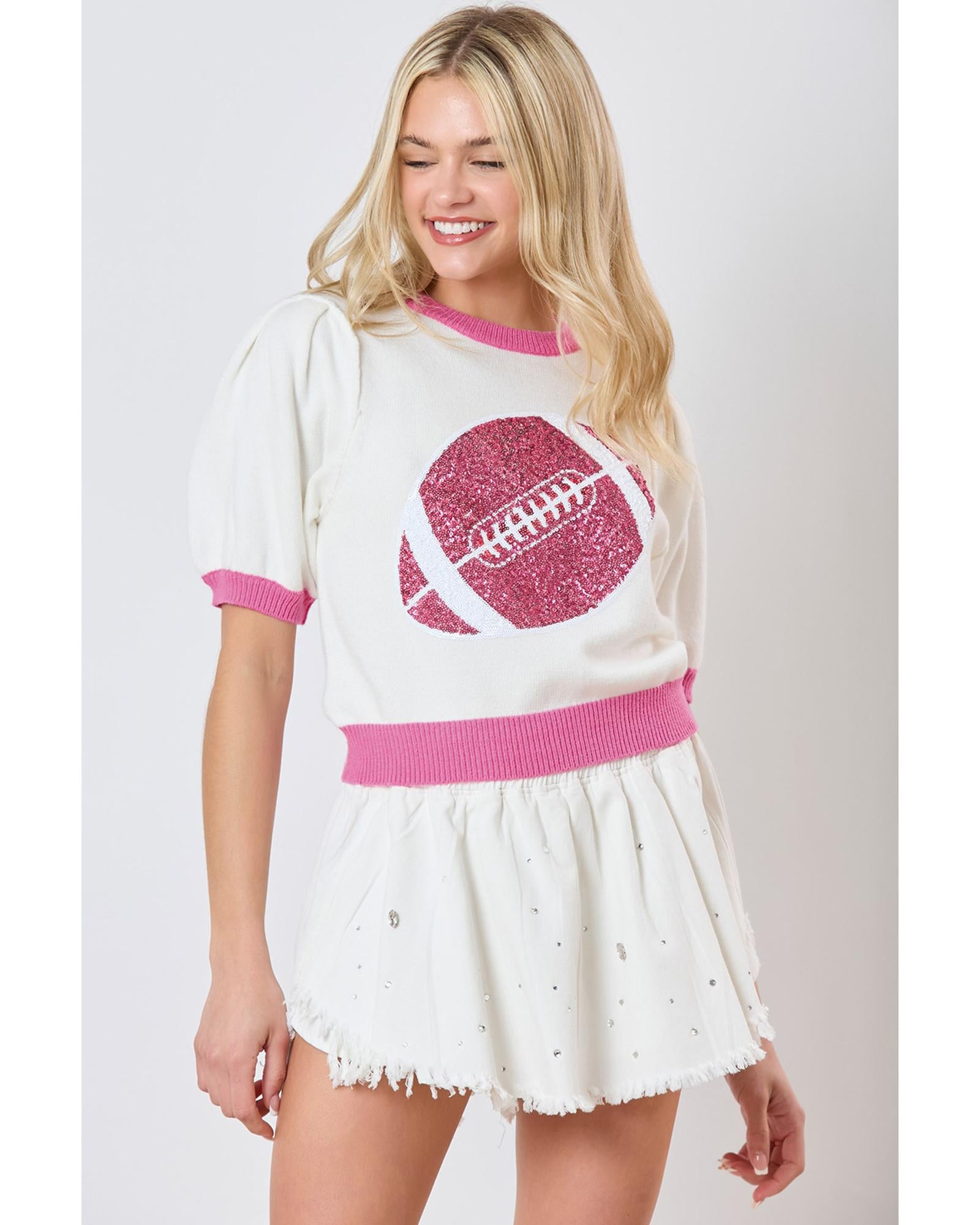Pink Sequin Rugby Color Block Puff Short Sleeve Sweater - M