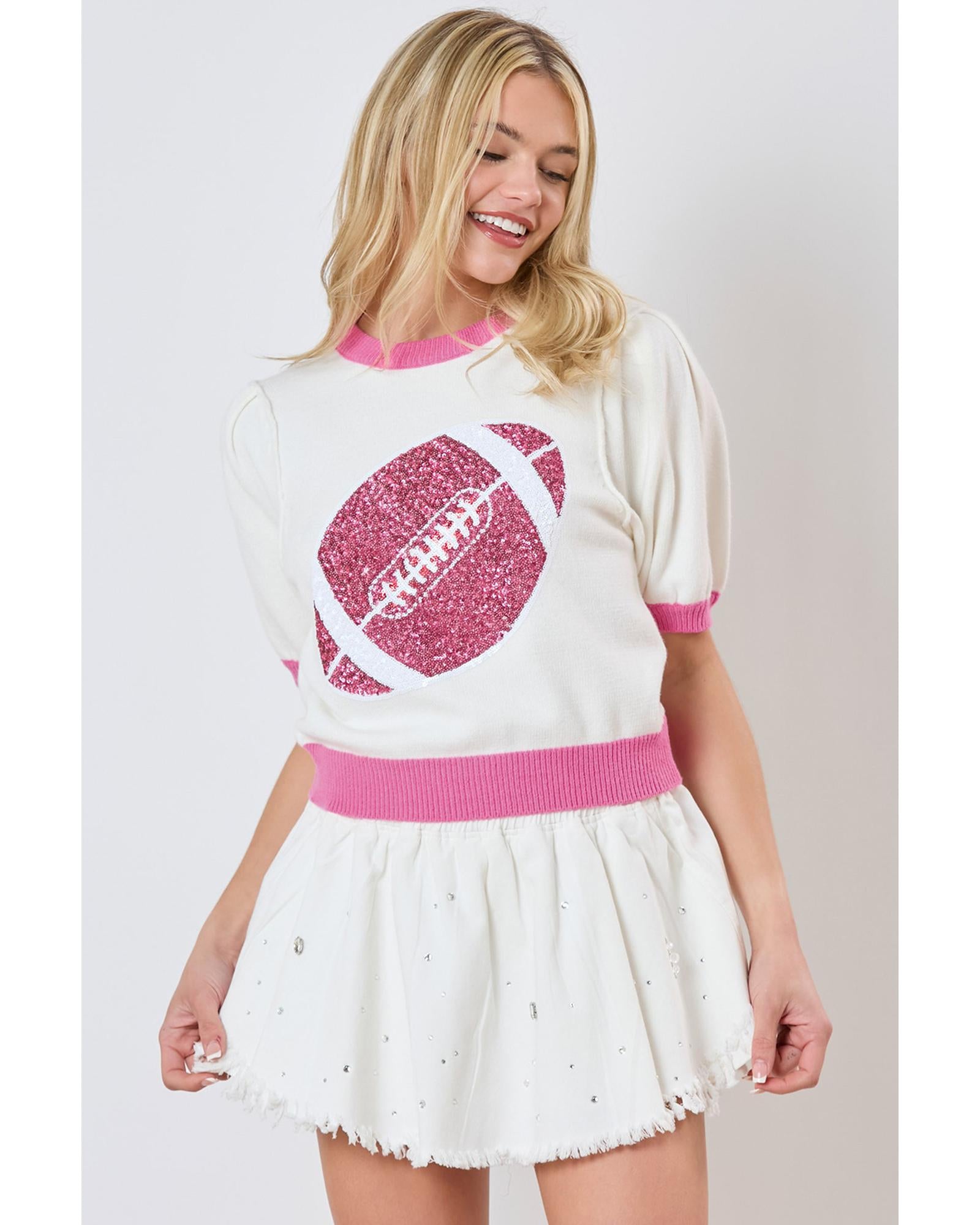Pink Sequin Rugby Color Block Puff Short Sleeve Sweater - M
