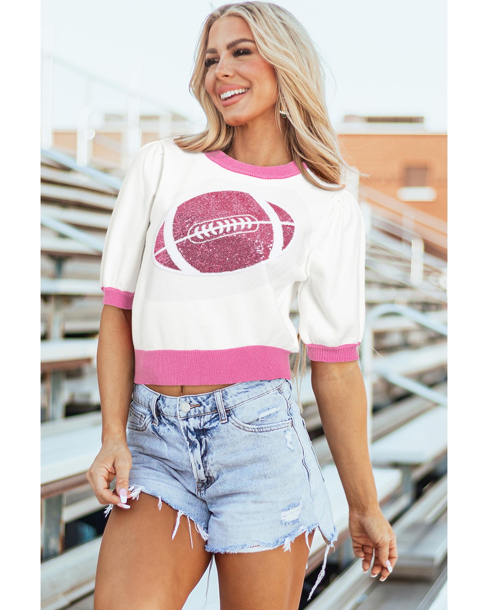Pink Sequin Rugby Color Block Puff Short Sleeve Sweater - M