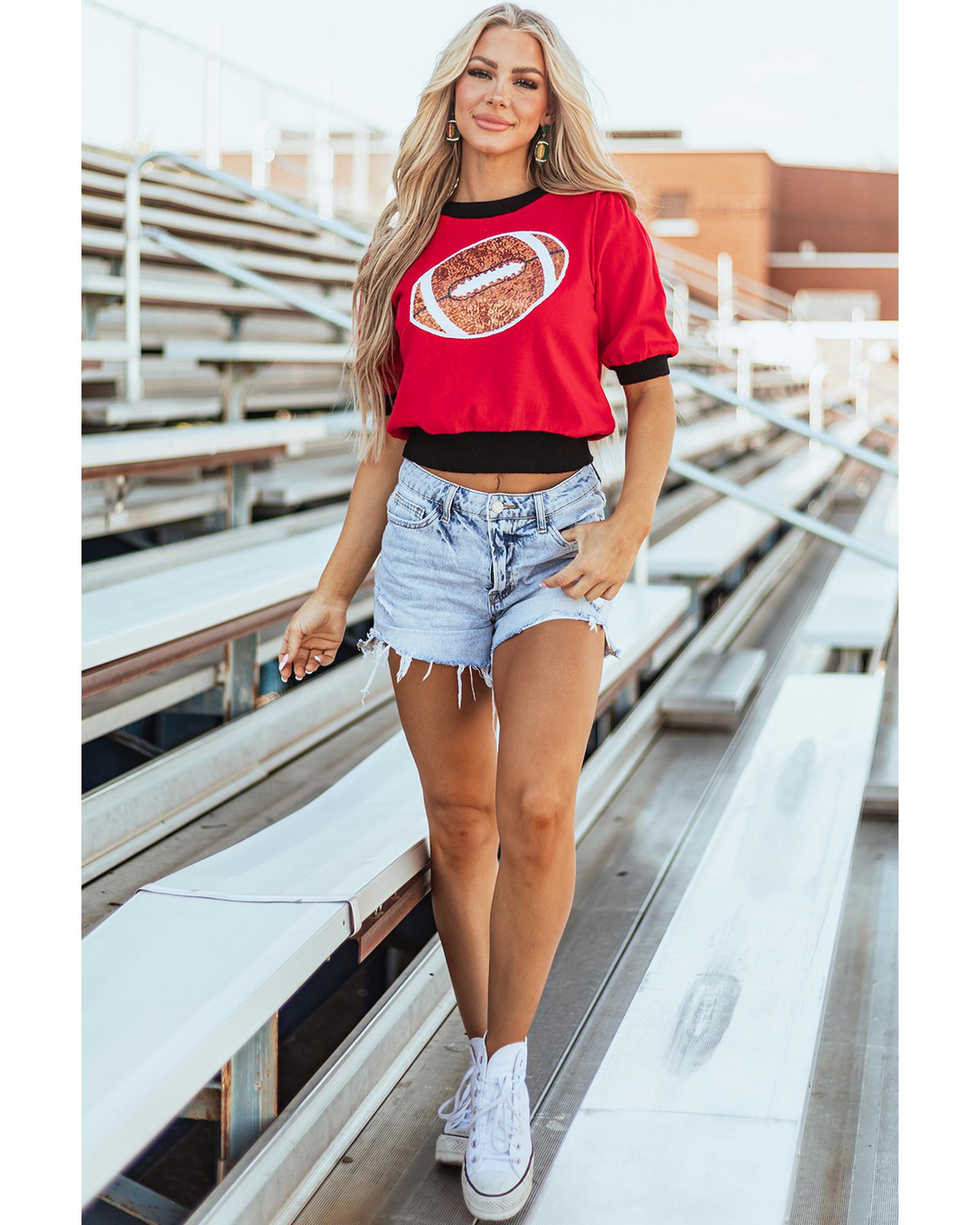 Red Sequin Rugby Color Block Puff Short Sleeve Sweater - L