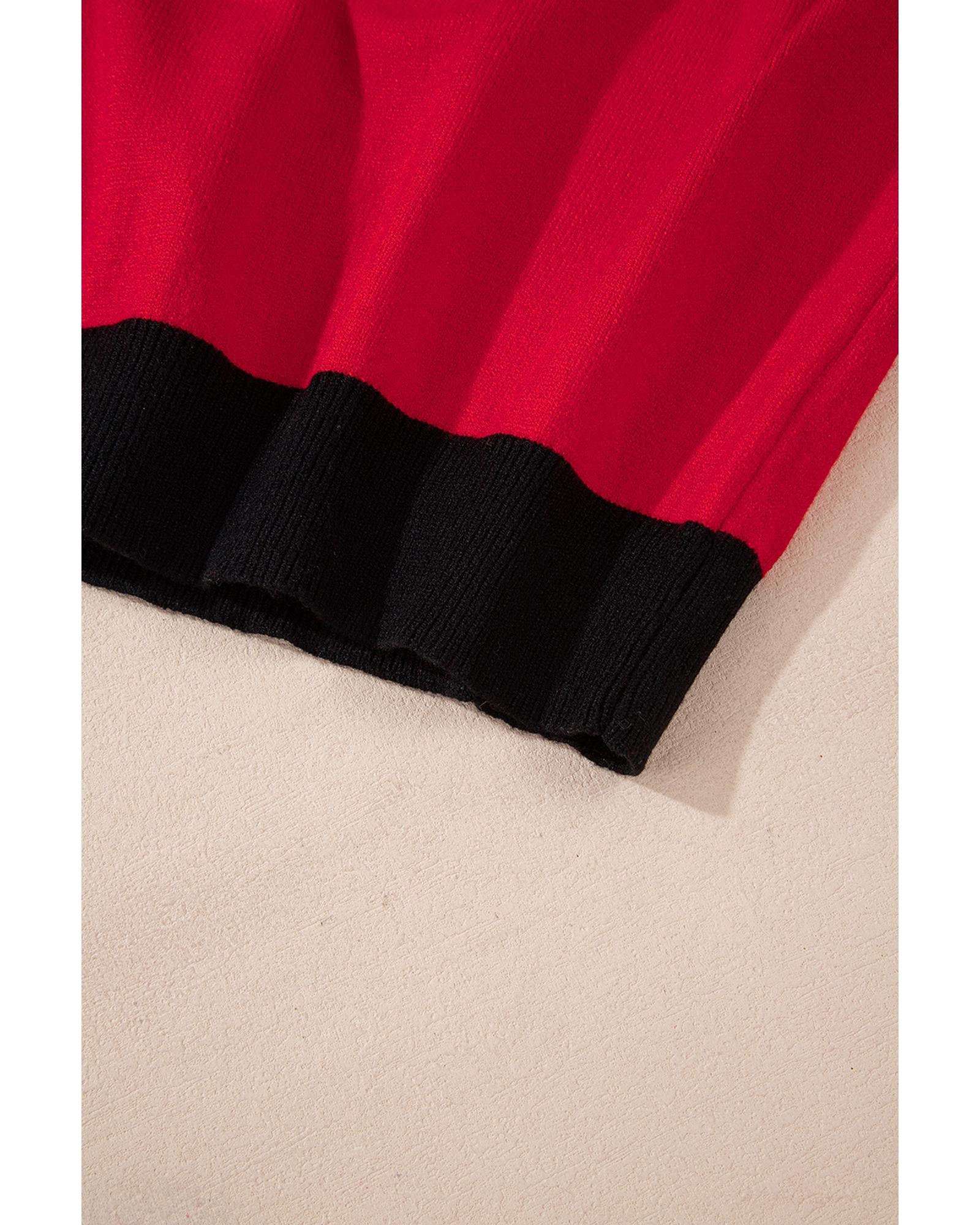 Red Sequin Rugby Color Block Puff Short Sleeve Sweater - L