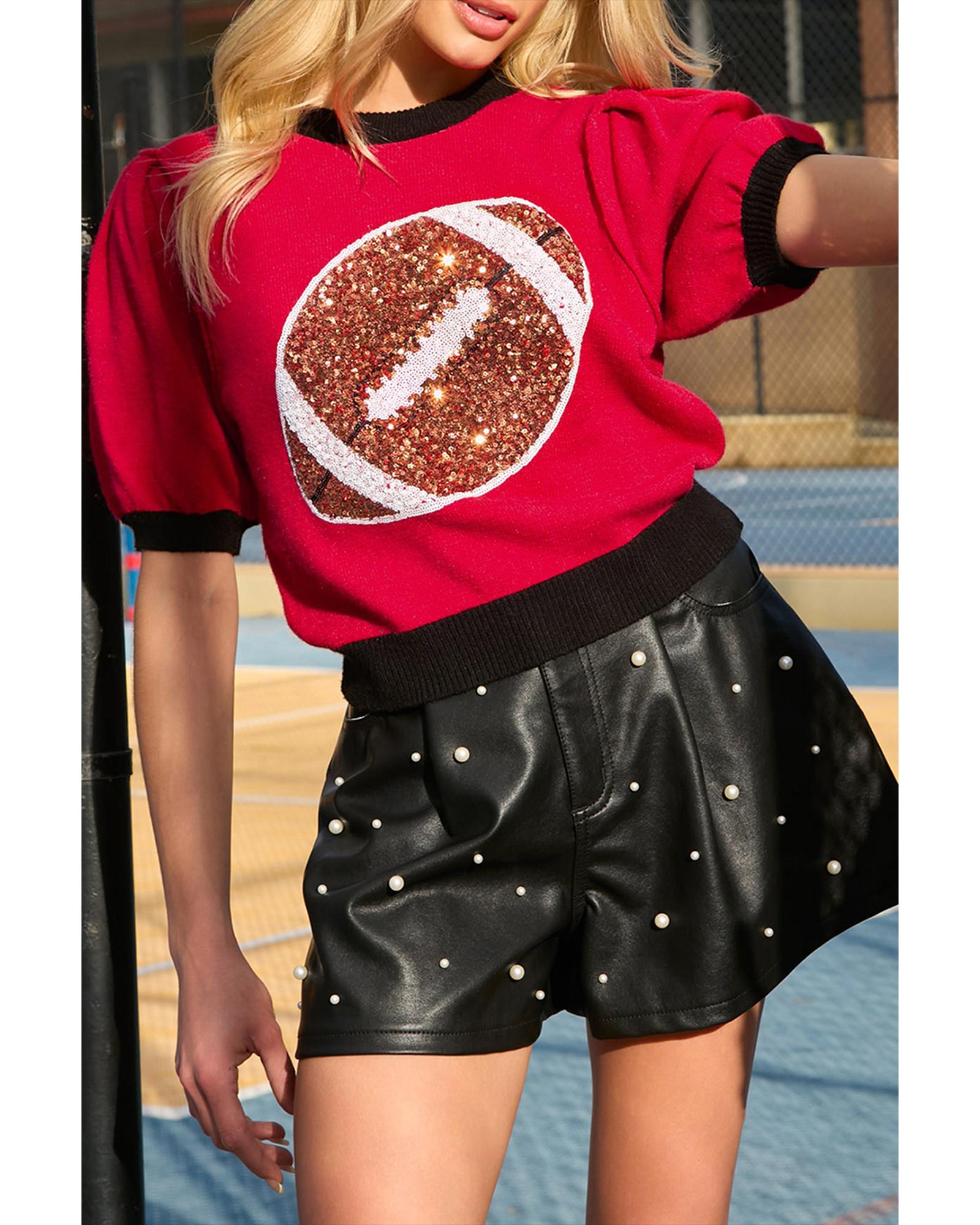 Red Sequin Rugby Color Block Puff Short Sleeve Sweater - L