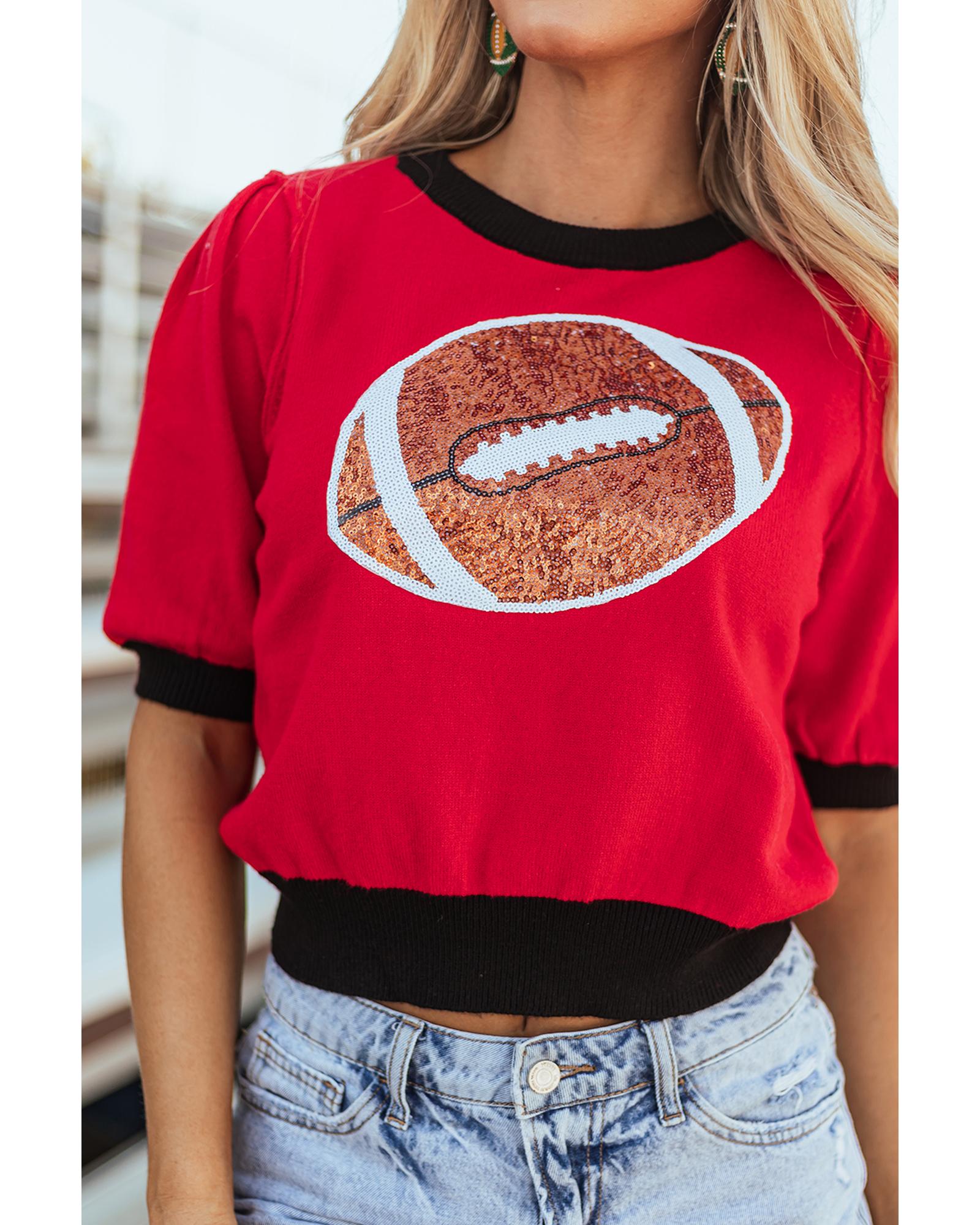 Red Sequin Rugby Color Block Puff Short Sleeve Sweater - L