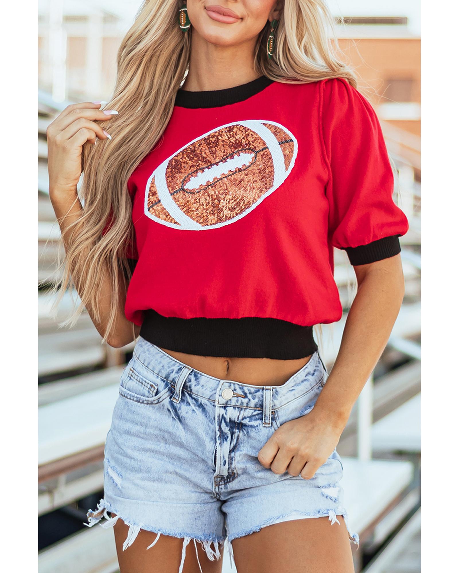 Red Sequin Rugby Color Block Puff Short Sleeve Sweater - M