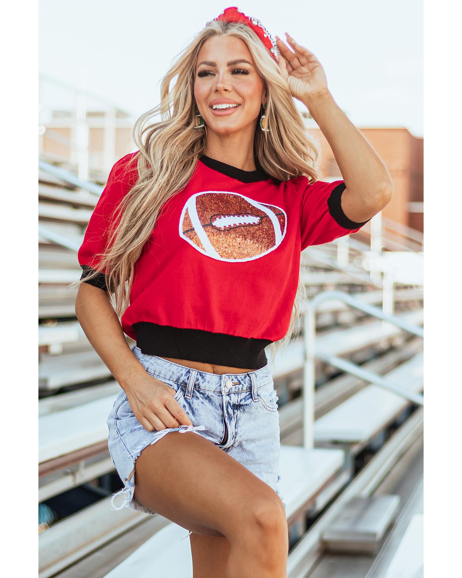 Red Sequin Rugby Color Block Puff Short Sleeve Sweater - XL