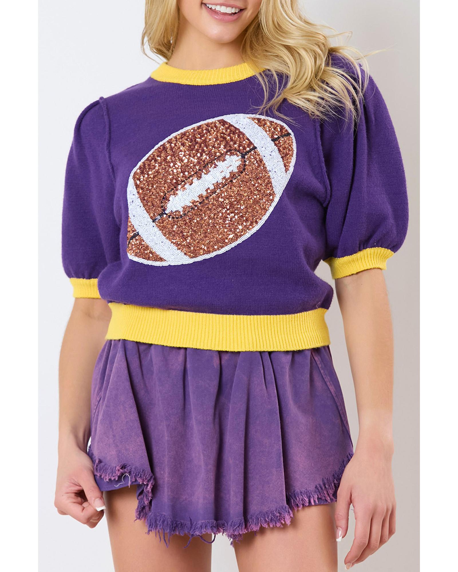 Purple Sequin Rugby Color Block Puff Short Sleeve Sweater - M