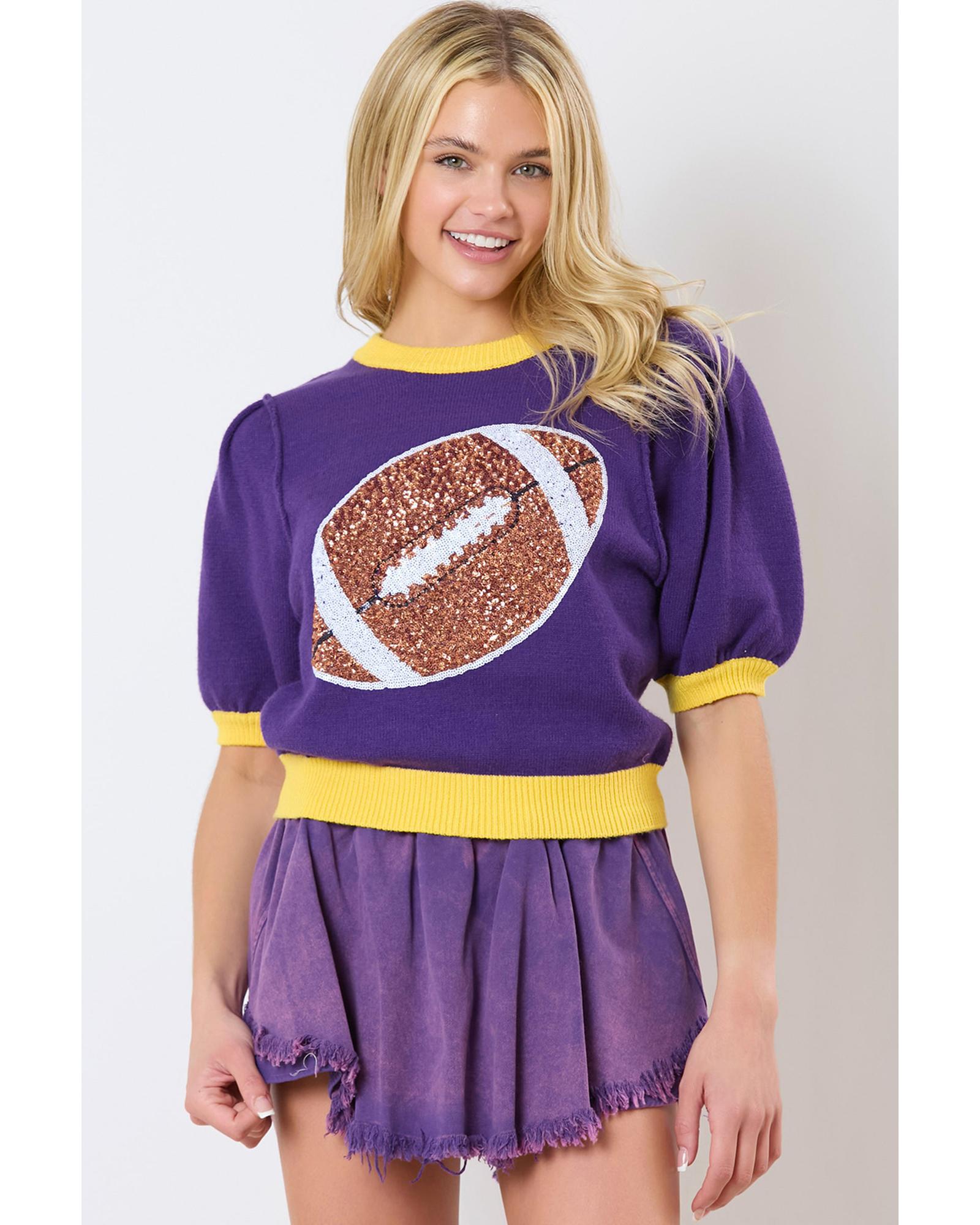 Purple Sequin Rugby Color Block Puff Short Sleeve Sweater - S