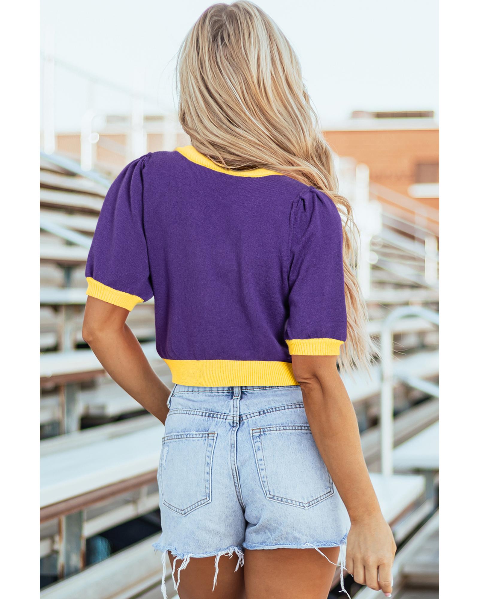 Purple Sequin Rugby Color Block Puff Short Sleeve Sweater - S