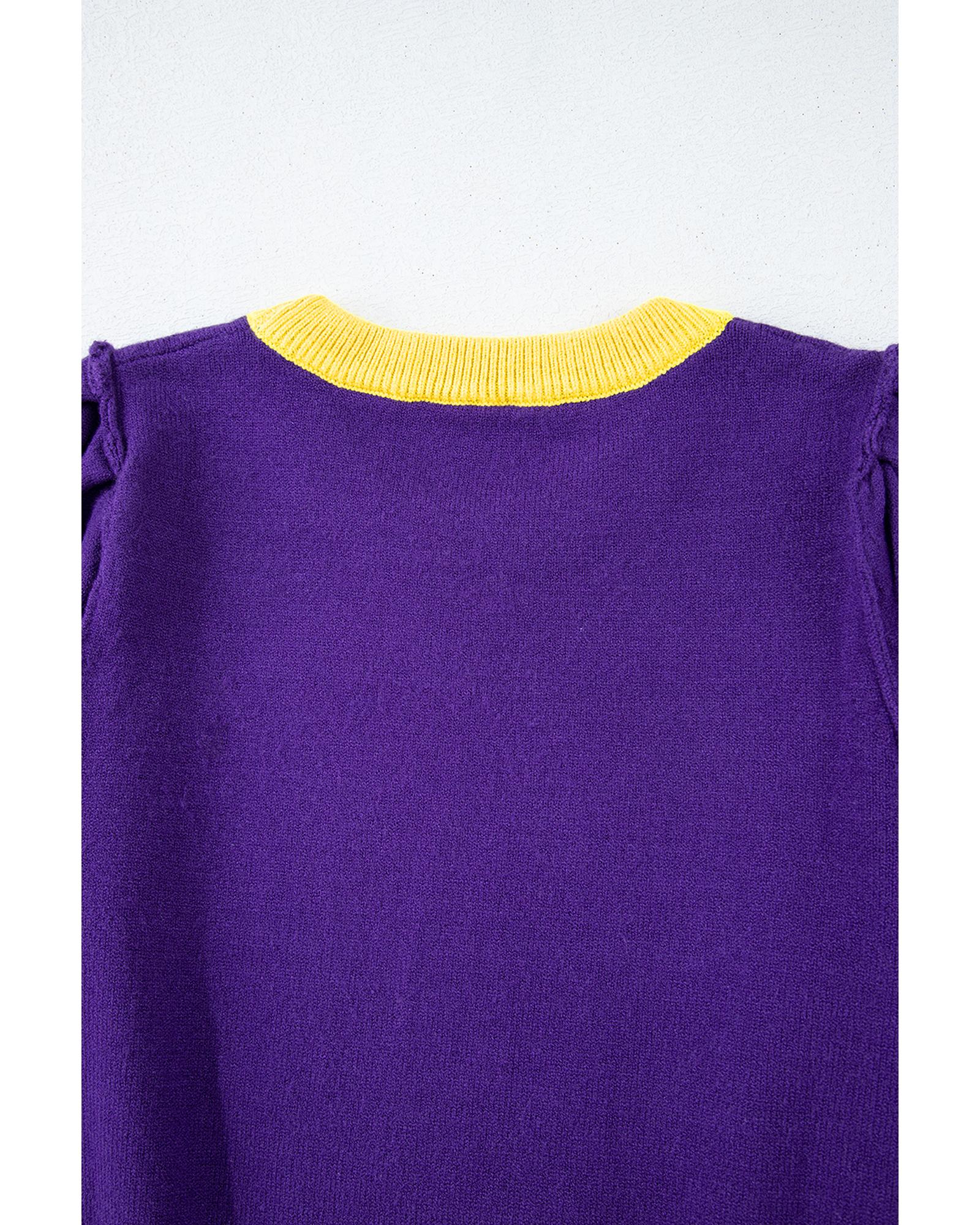 Purple Sequin Rugby Color Block Puff Short Sleeve Sweater - S