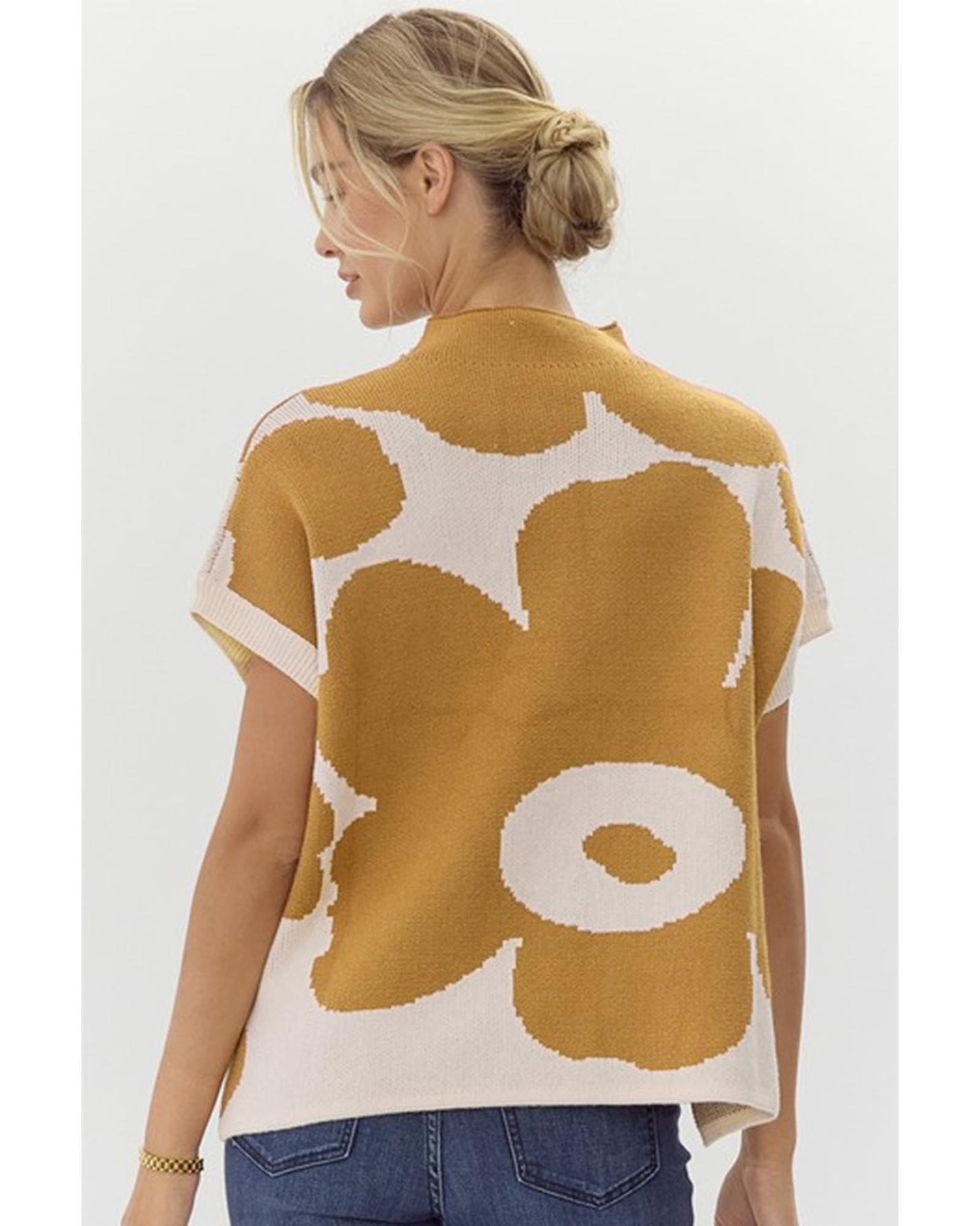 Camel Big Flower Pattern Stand Neck Short Sleeve Sweater - L