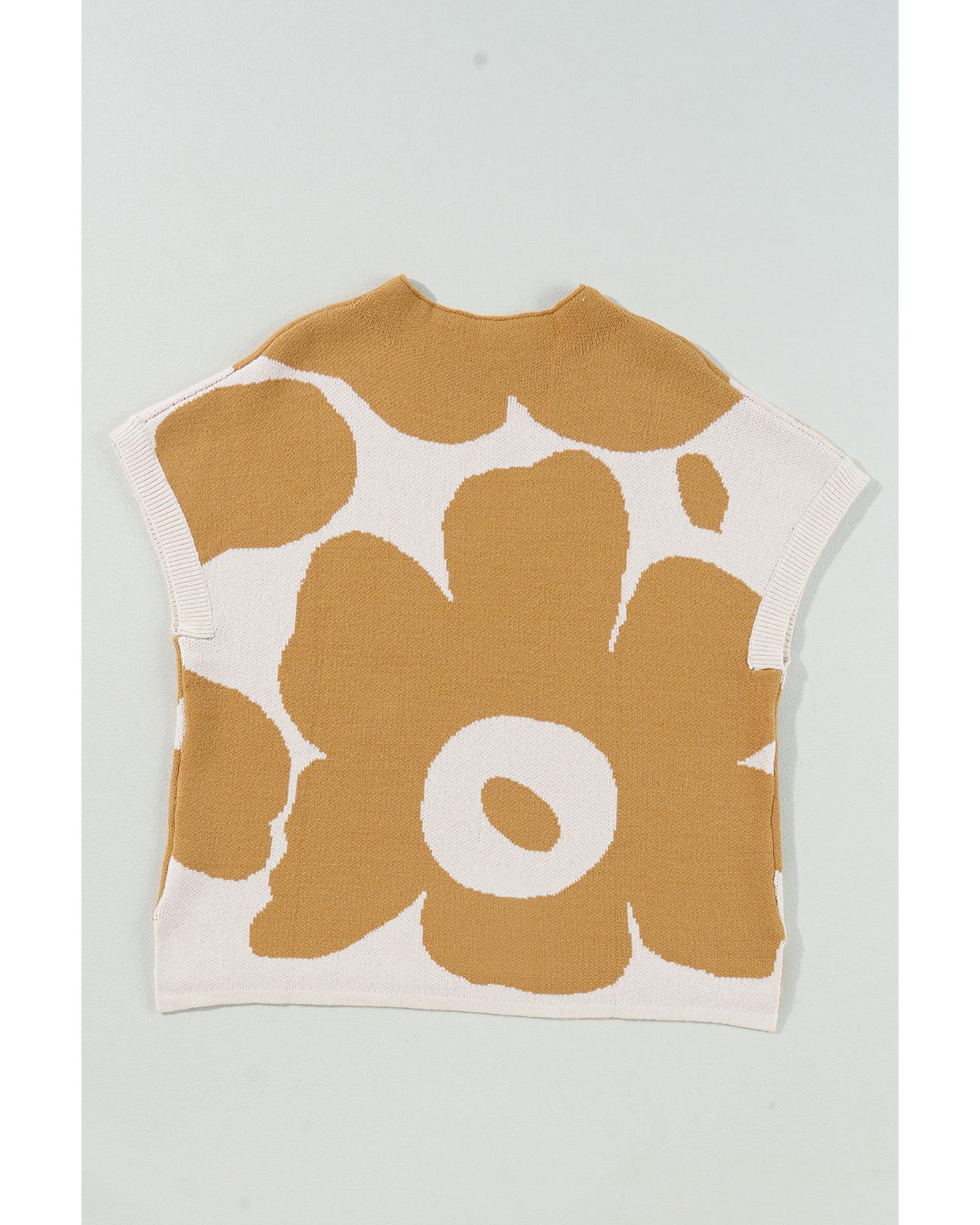 Camel Big Flower Pattern Stand Neck Short Sleeve Sweater - L