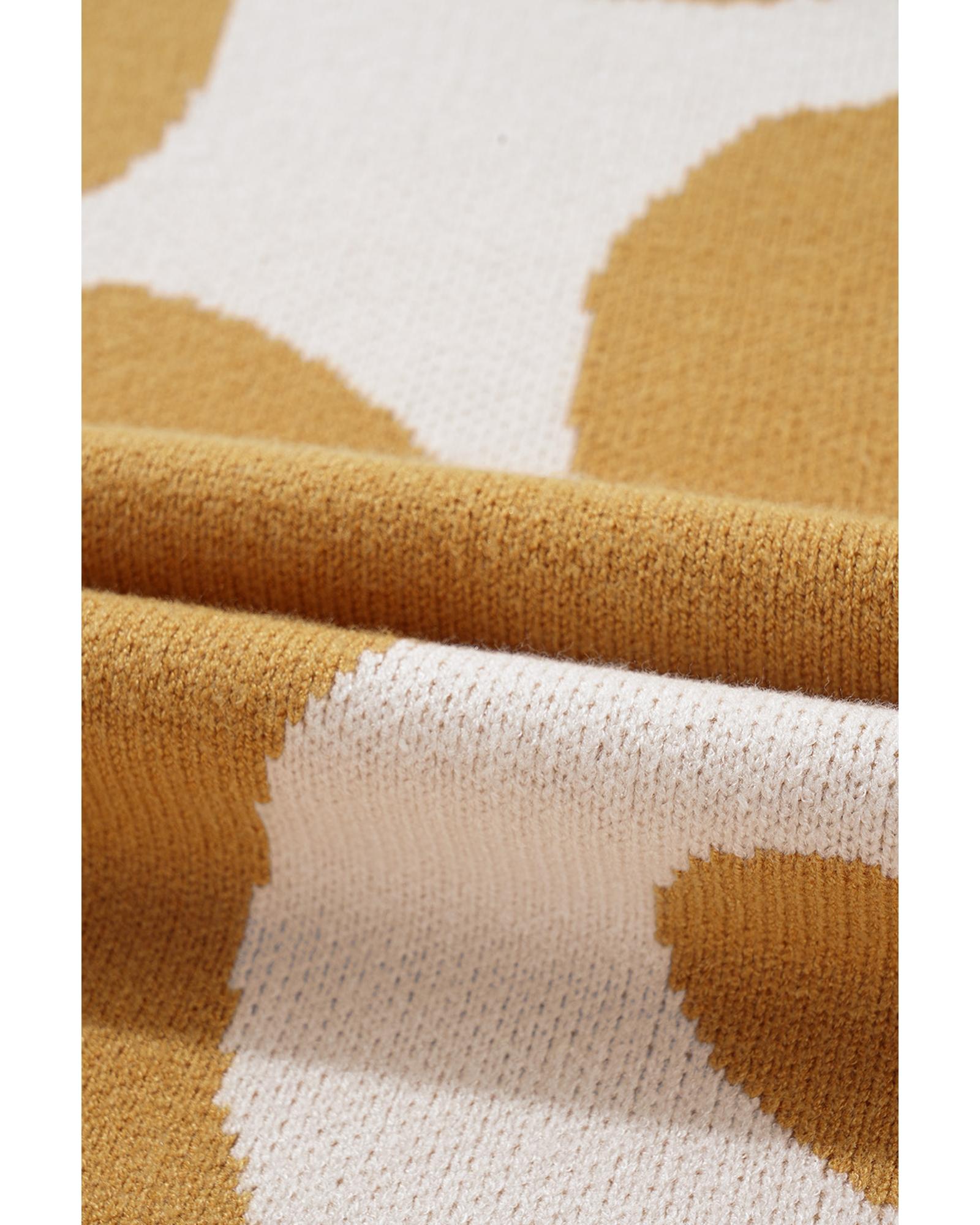 Camel Big Flower Pattern Stand Neck Short Sleeve Sweater - L