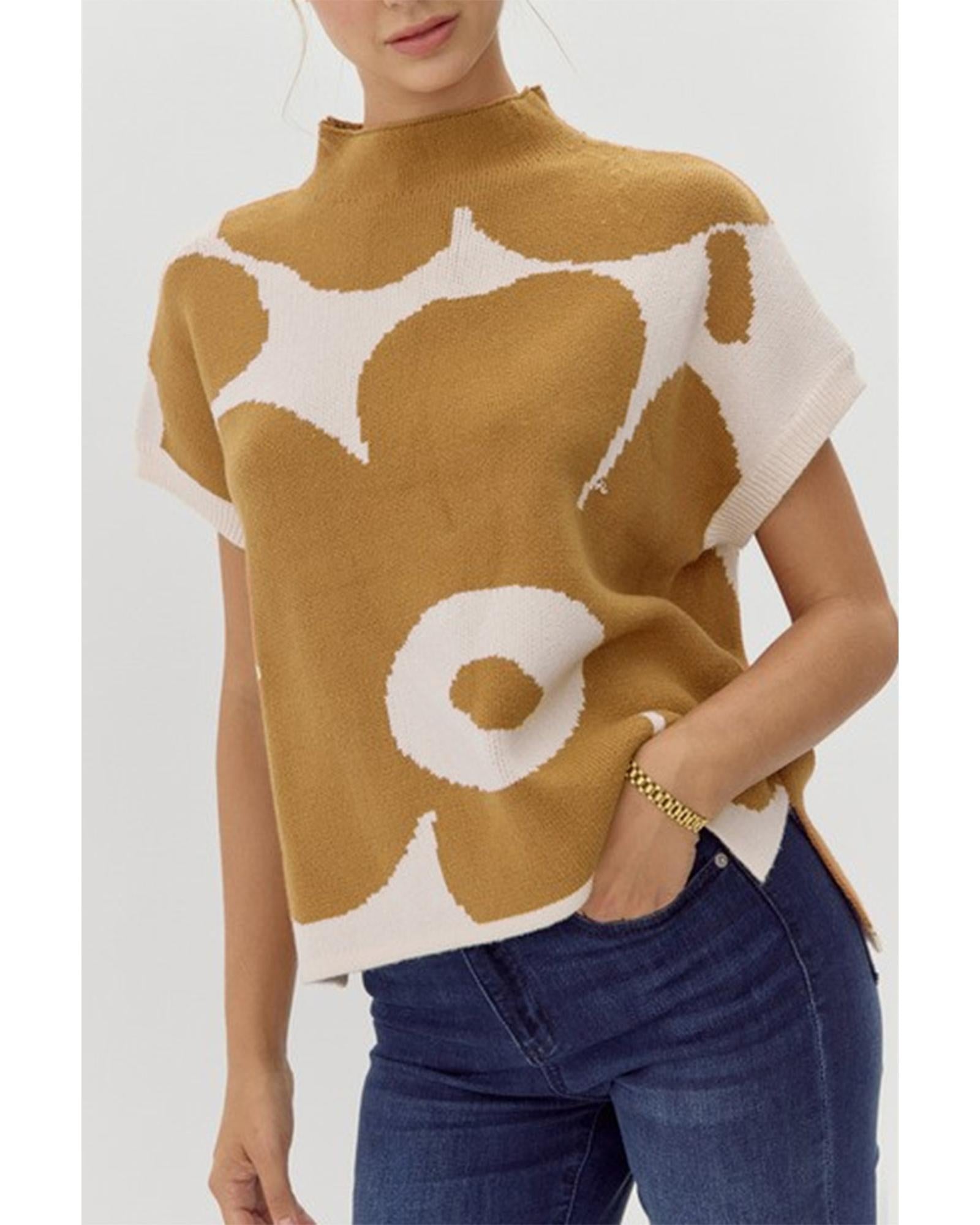 Camel Big Flower Pattern Stand Neck Short Sleeve Sweater - L