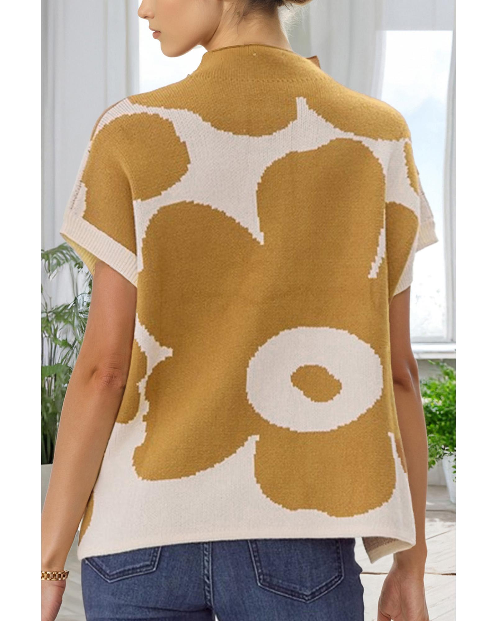 Camel Big Flower Pattern Stand Neck Short Sleeve Sweater - L