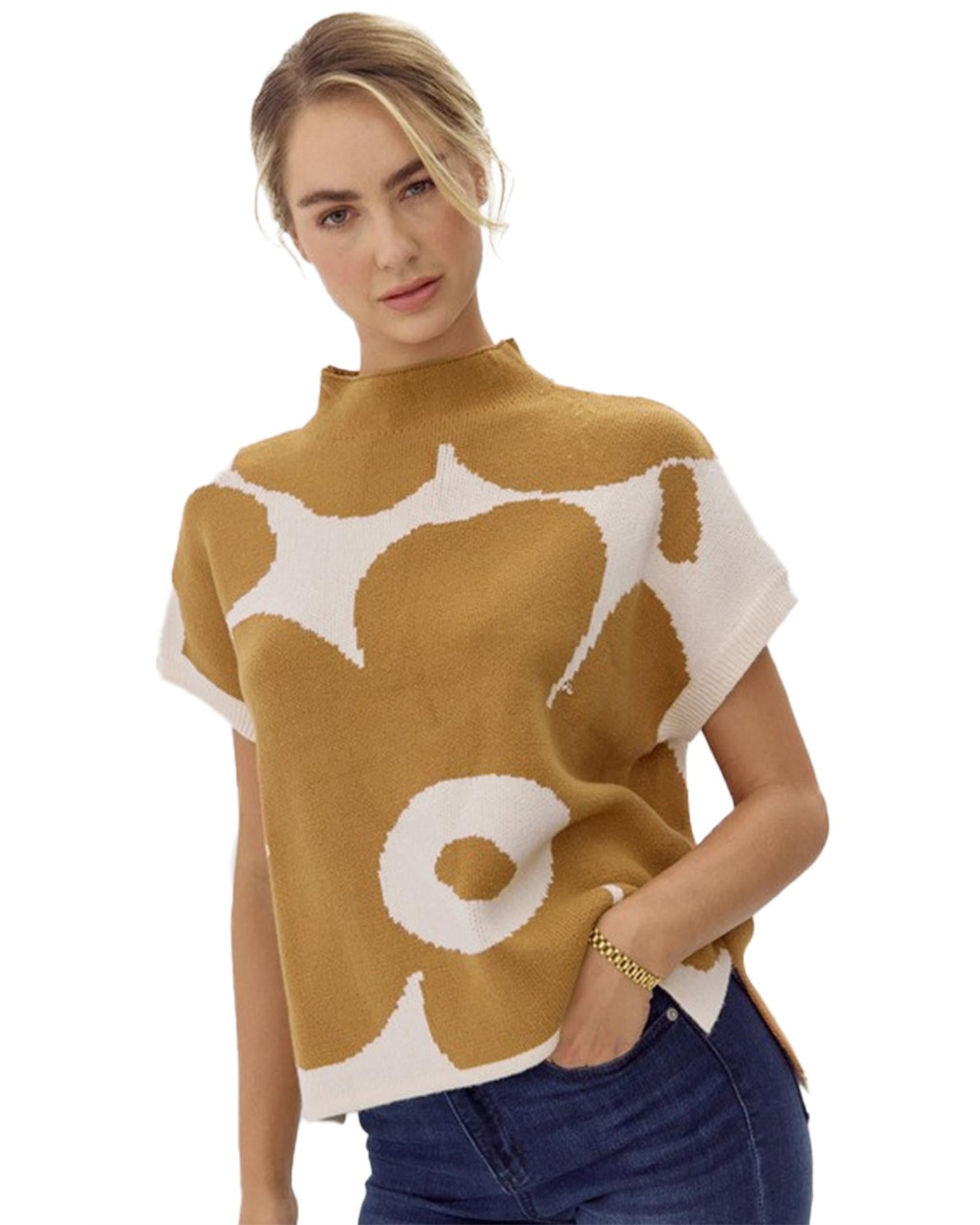 Camel Big Flower Pattern Stand Neck Short Sleeve Sweater - L