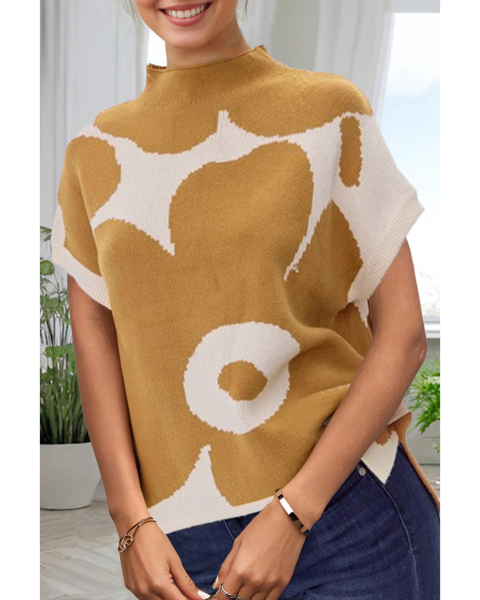 Camel Big Flower Pattern Stand Neck Short Sleeve Sweater - L