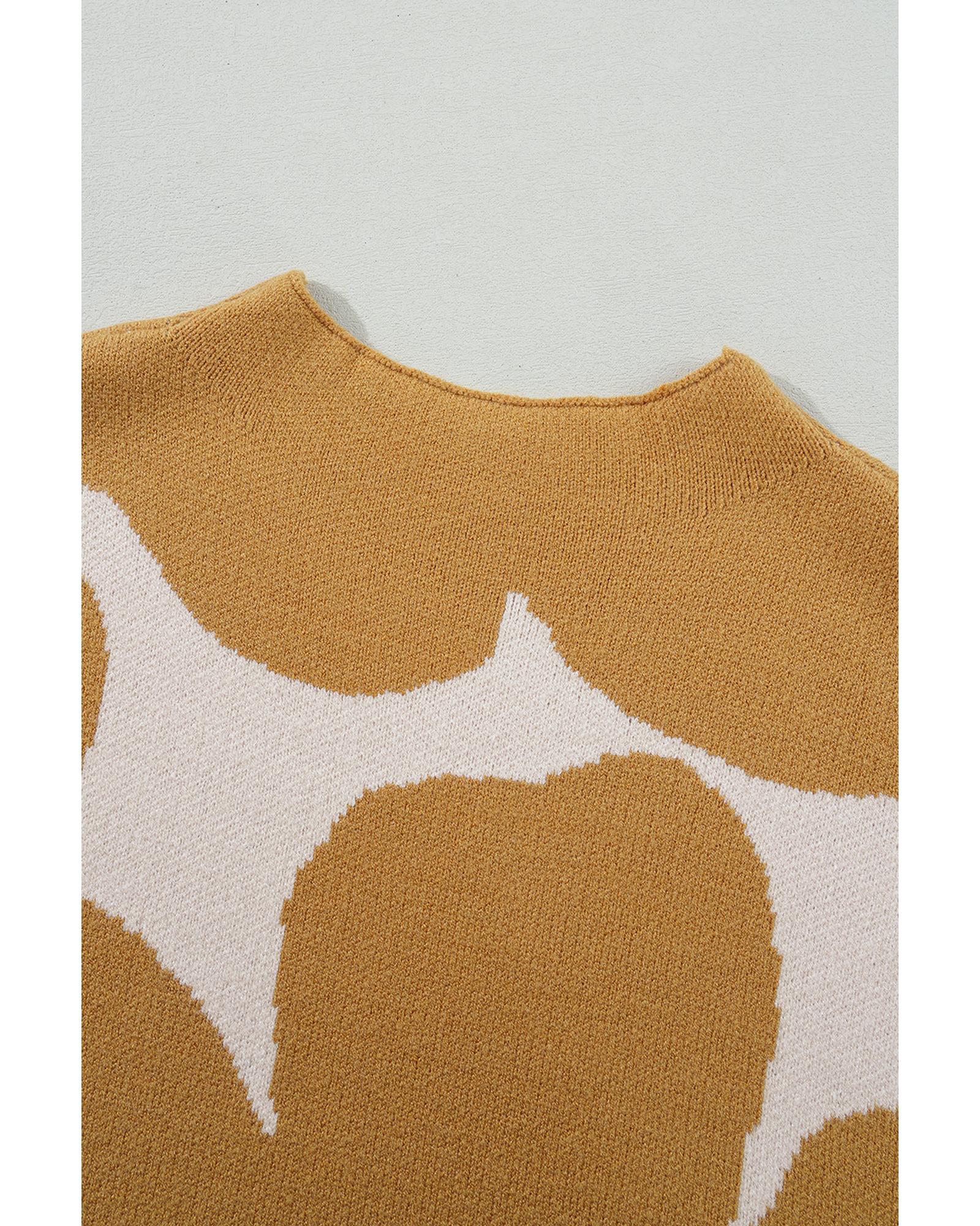 Camel Big Flower Pattern Stand Neck Short Sleeve Sweater - XL