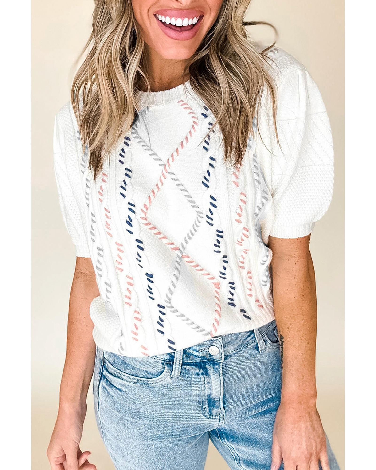 White Multicolor Stitch Detail Cable Knit Short Sleeve Sweater - XL
