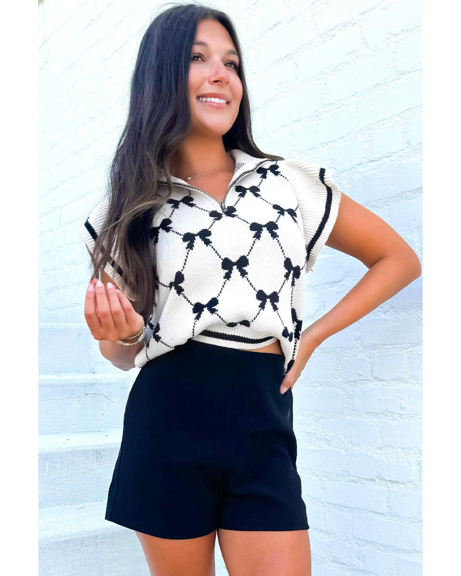Black Preppy Vibes Bow Print Zipped Collar Sweater Tee - M