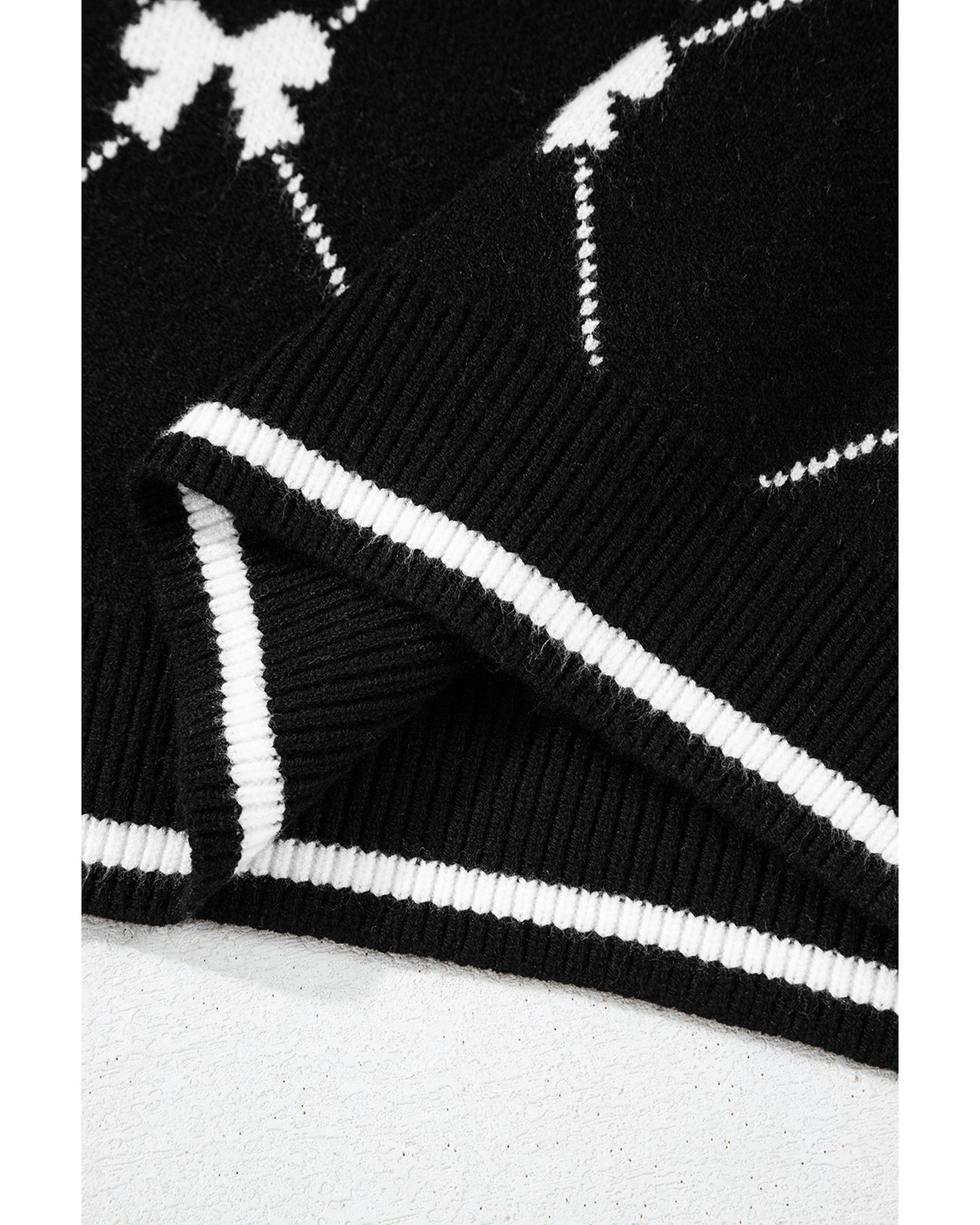 Black Preppy Vibes Bow Print Zipped Collar Sweater Tee - M