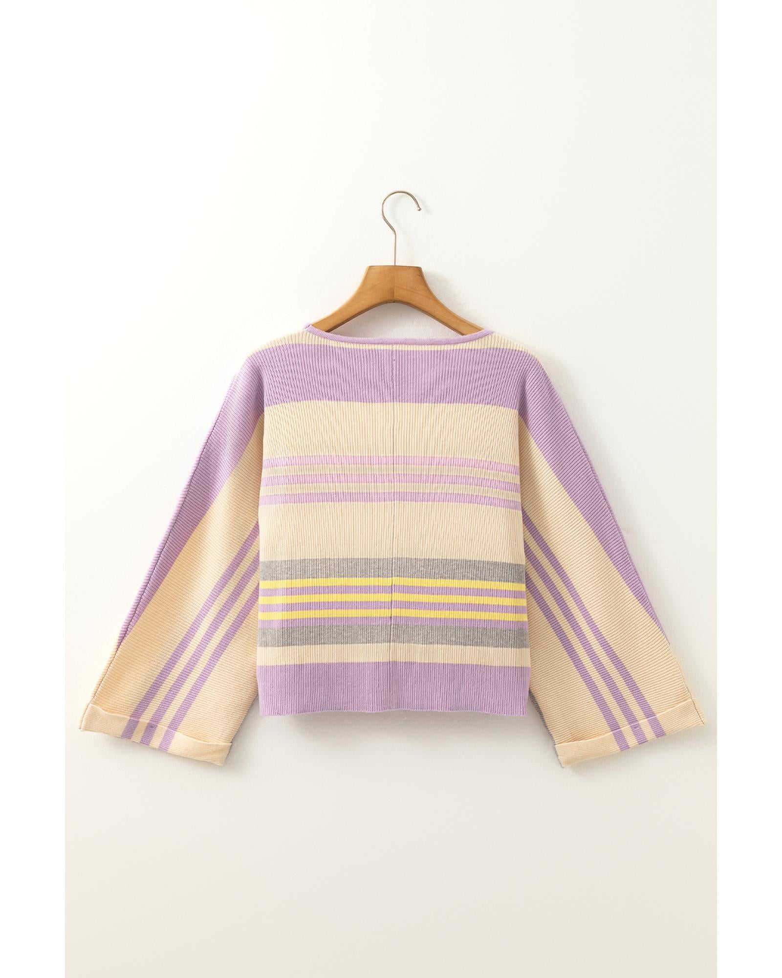 Purple Stripe Borderline Rib Knit Cuffed Dolman Sleeve Sweater - S
