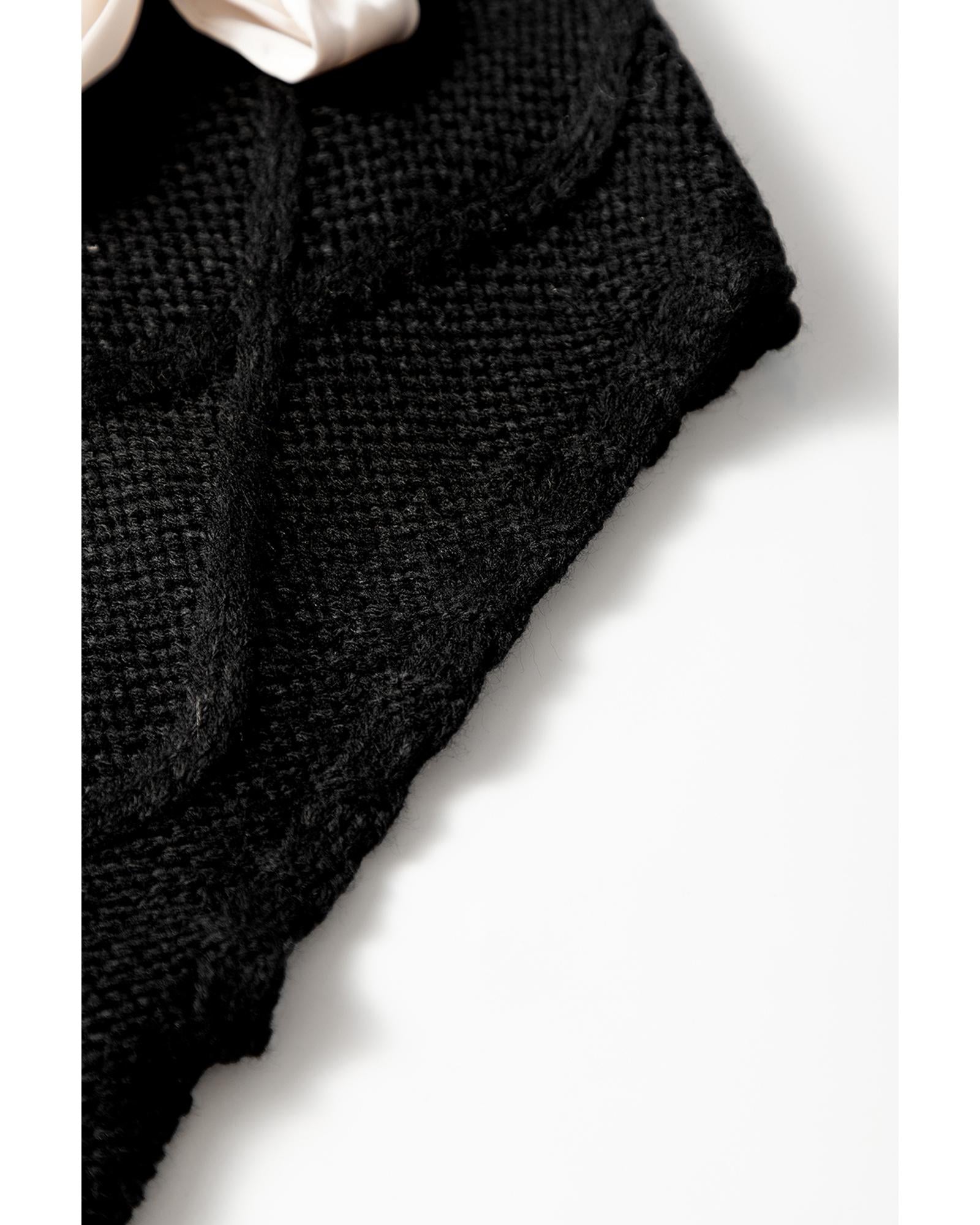 Black Cable Knit Colorblock Satin Bowknot Short Sleeve Sweater - S