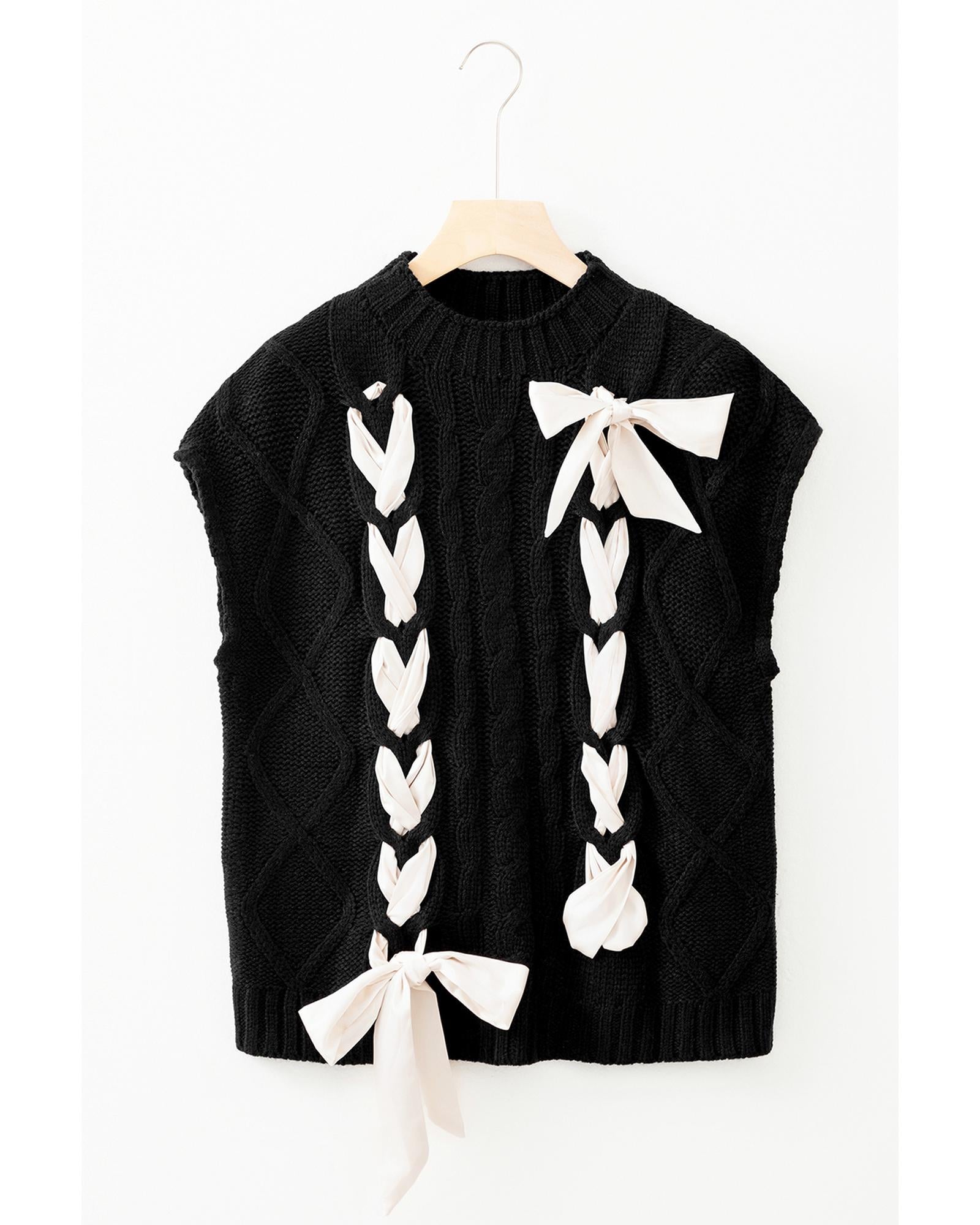 Black Cable Knit Colorblock Satin Bowknot Short Sleeve Sweater - S