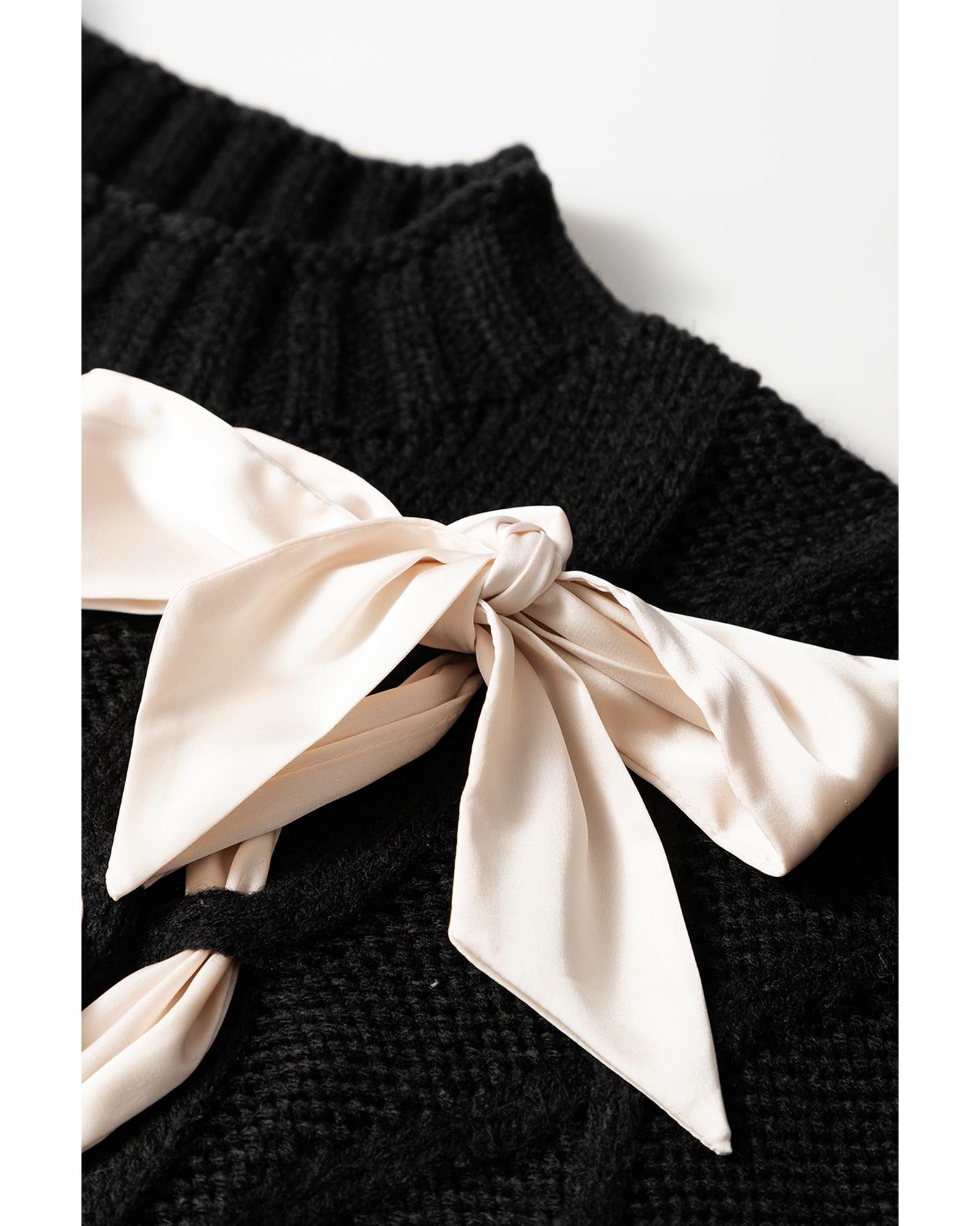 Black Cable Knit Colorblock Satin Bowknot Short Sleeve Sweater - S
