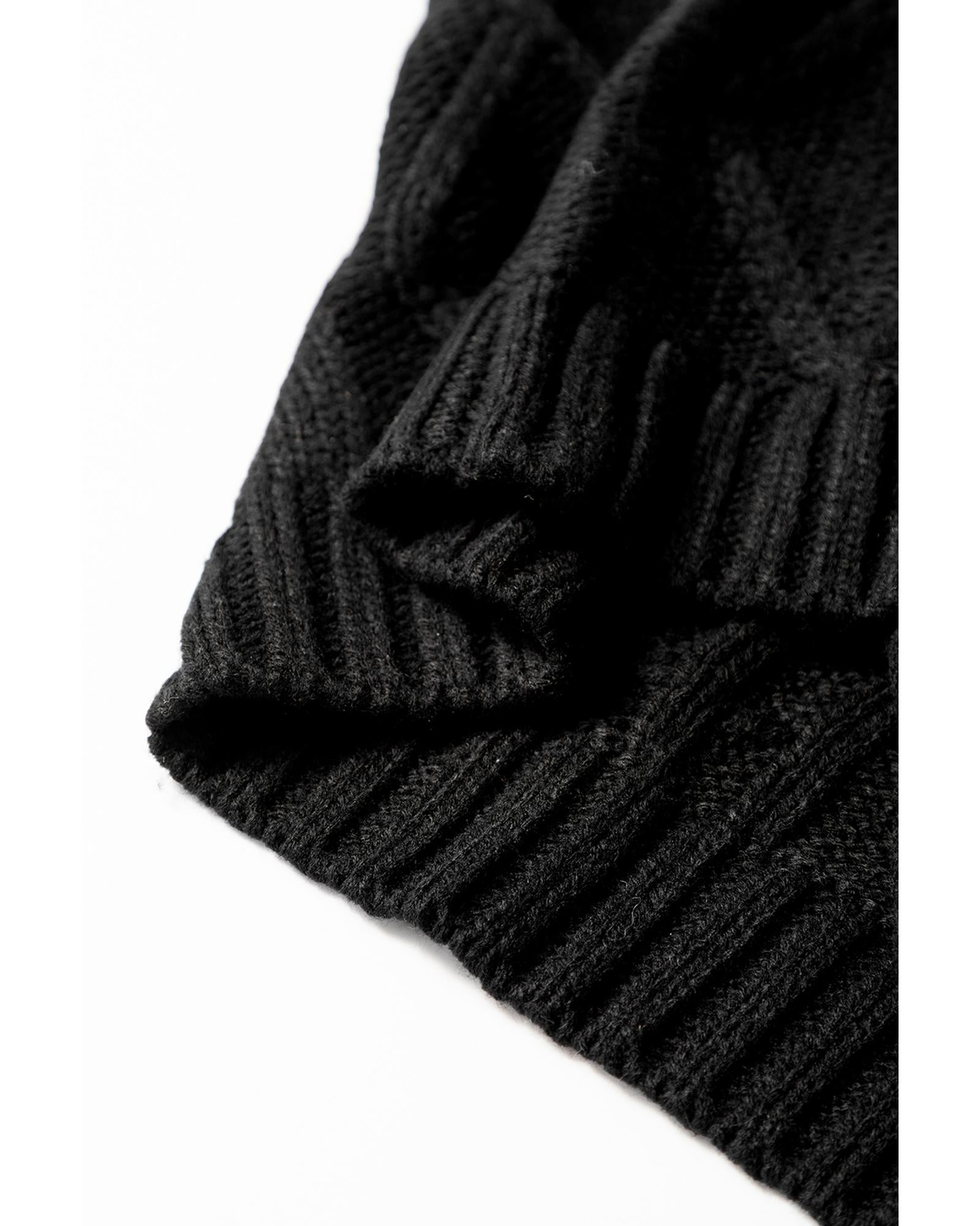 Black Cable Knit Colorblock Satin Bowknot Short Sleeve Sweater - S