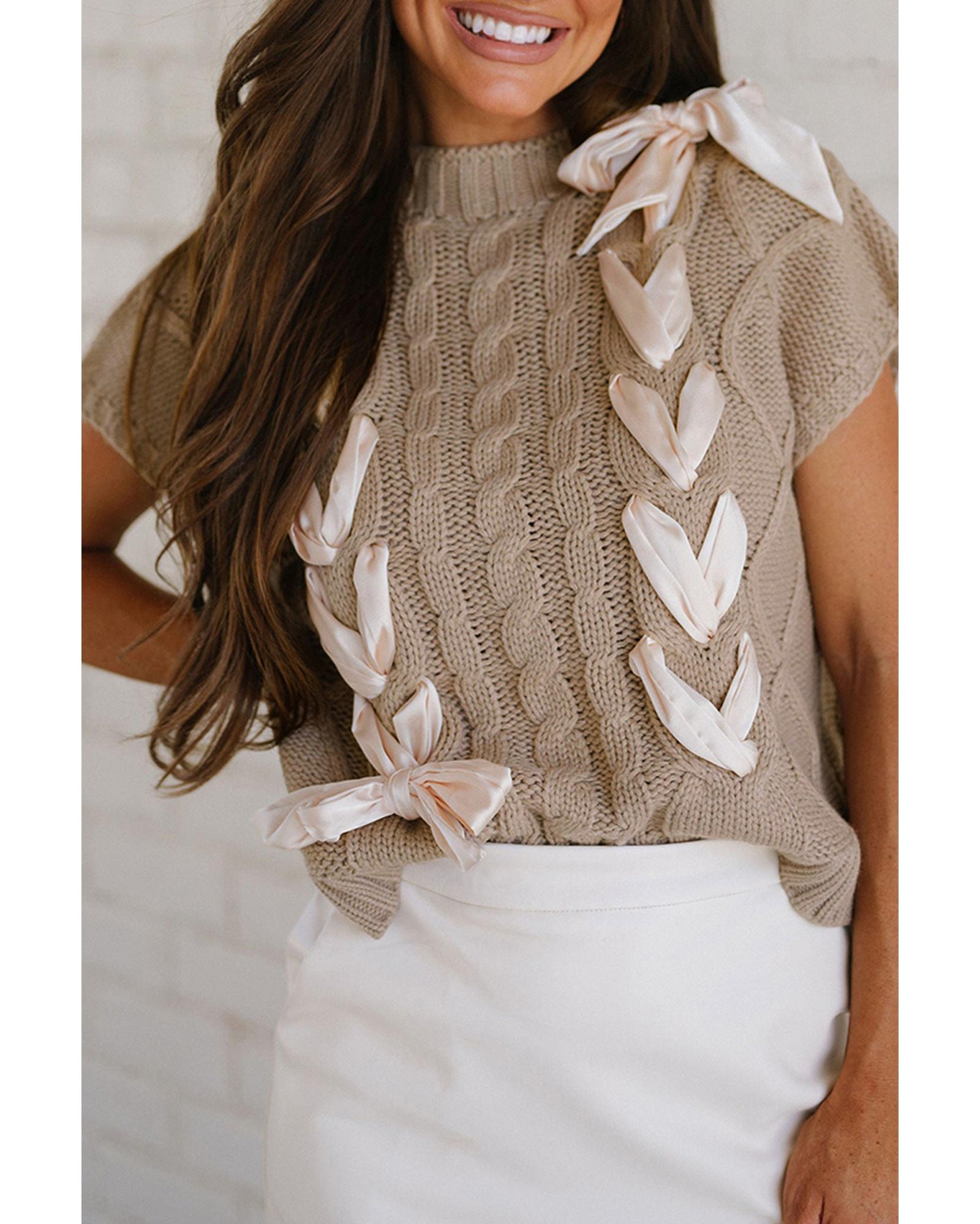Simply Taupe Cable Knit Colorblock Satin Bowknot Short Sleeve Sweater - L