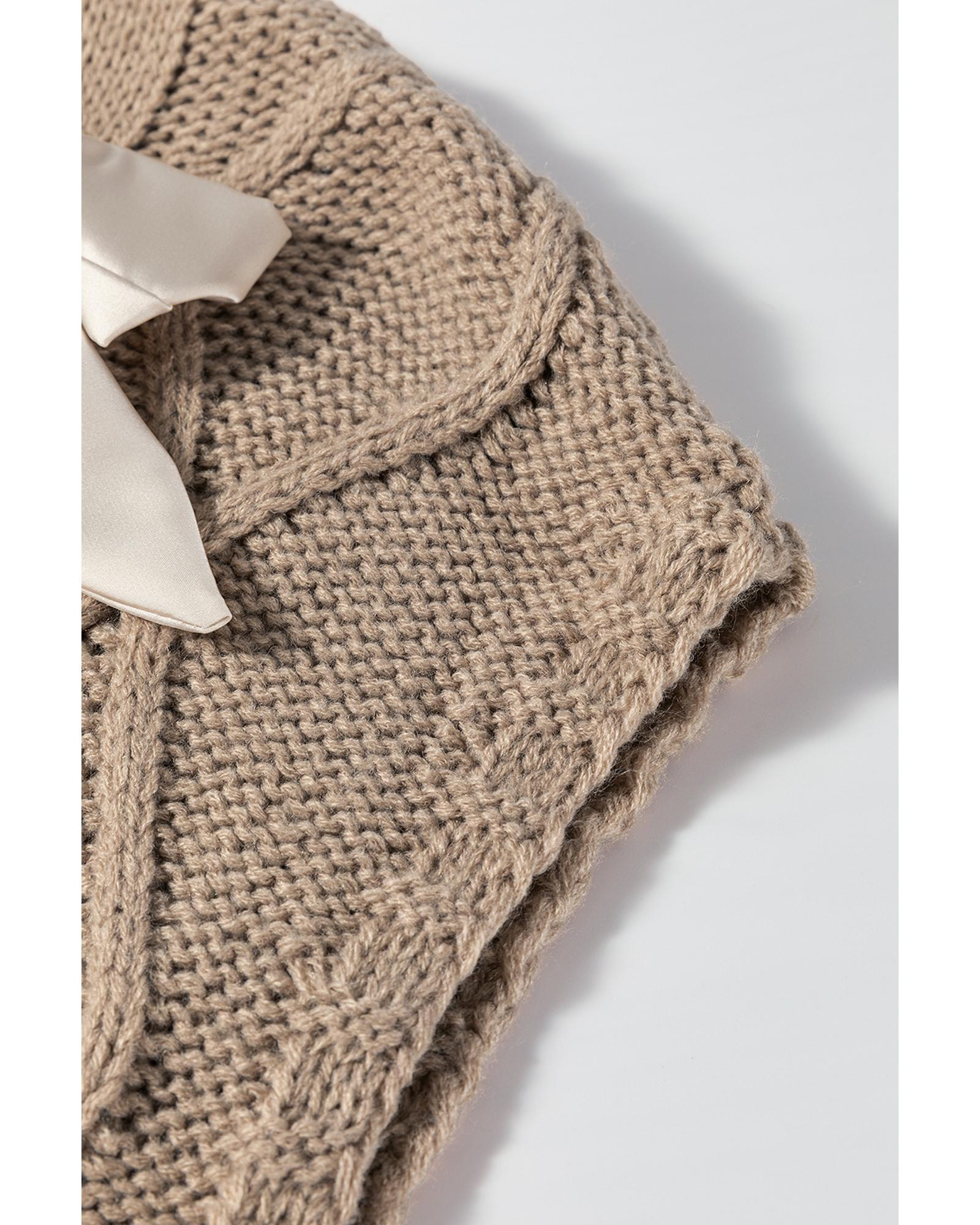 Simply Taupe Cable Knit Colorblock Satin Bowknot Short Sleeve Sweater - S