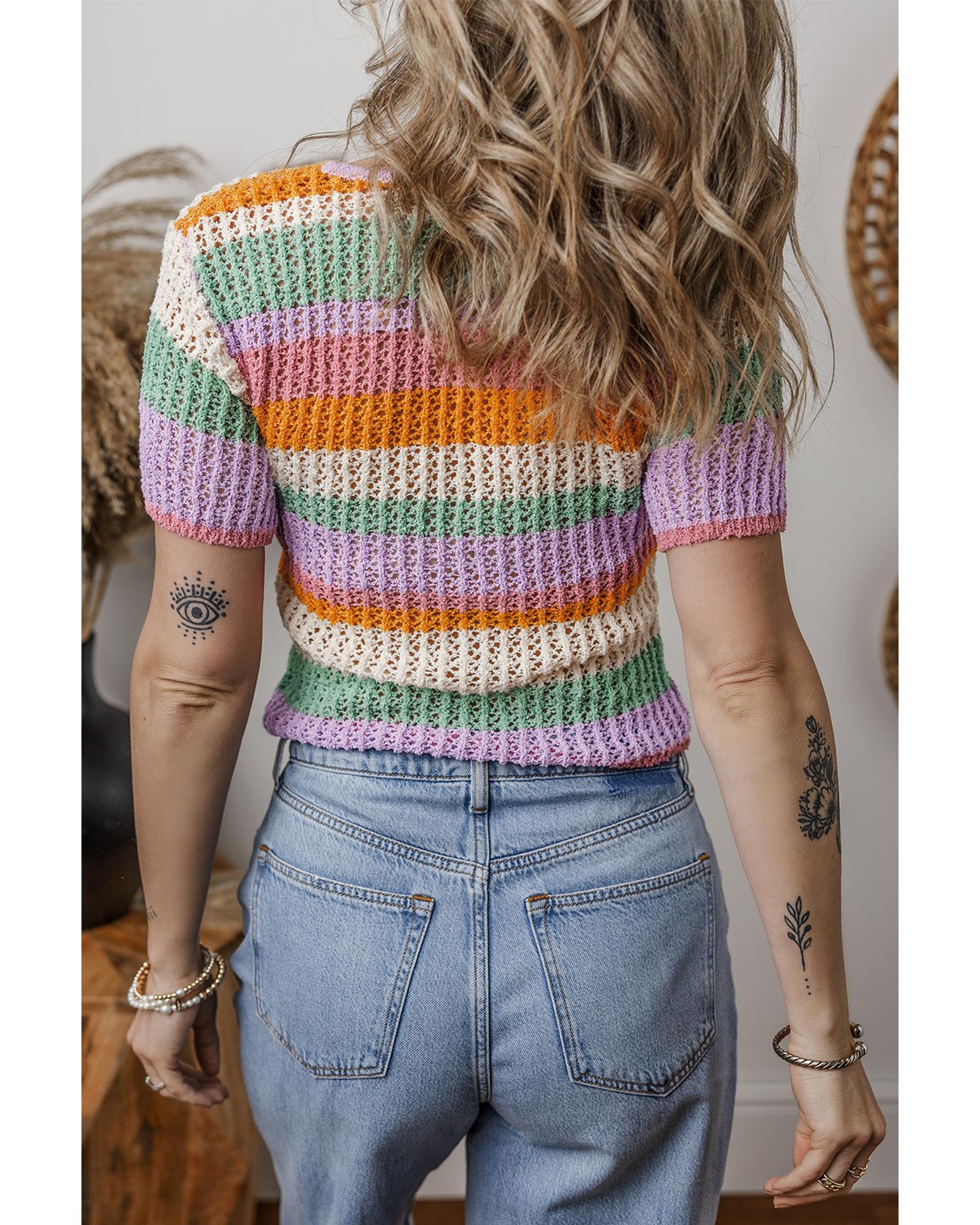 Orange Colorblock Striped Pointelle Knit V Neck Buttoned Crop Short Sleeve Sweater - L