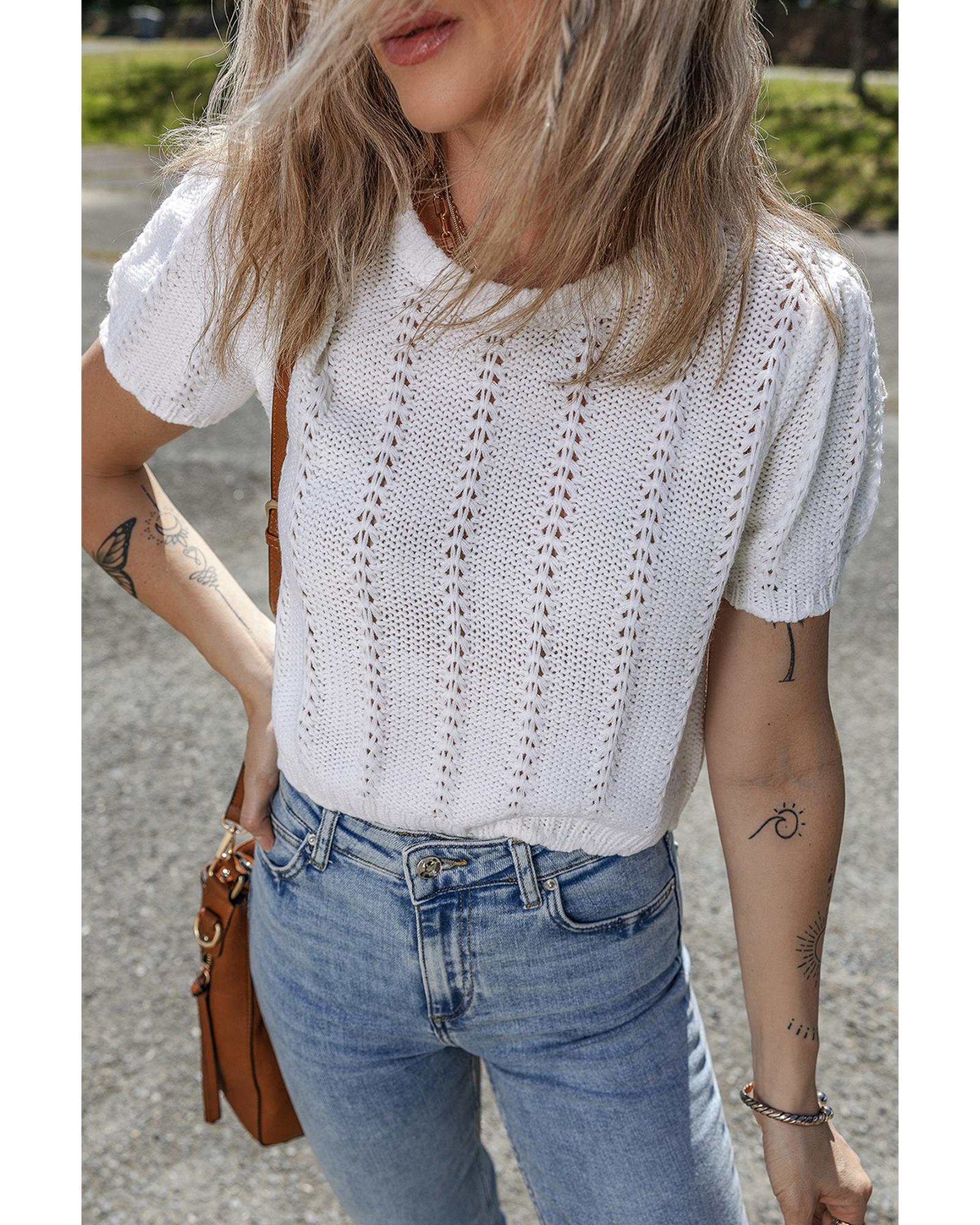 White Pointelle Knit Short Puff Sleeve Crewneck Sweater - L